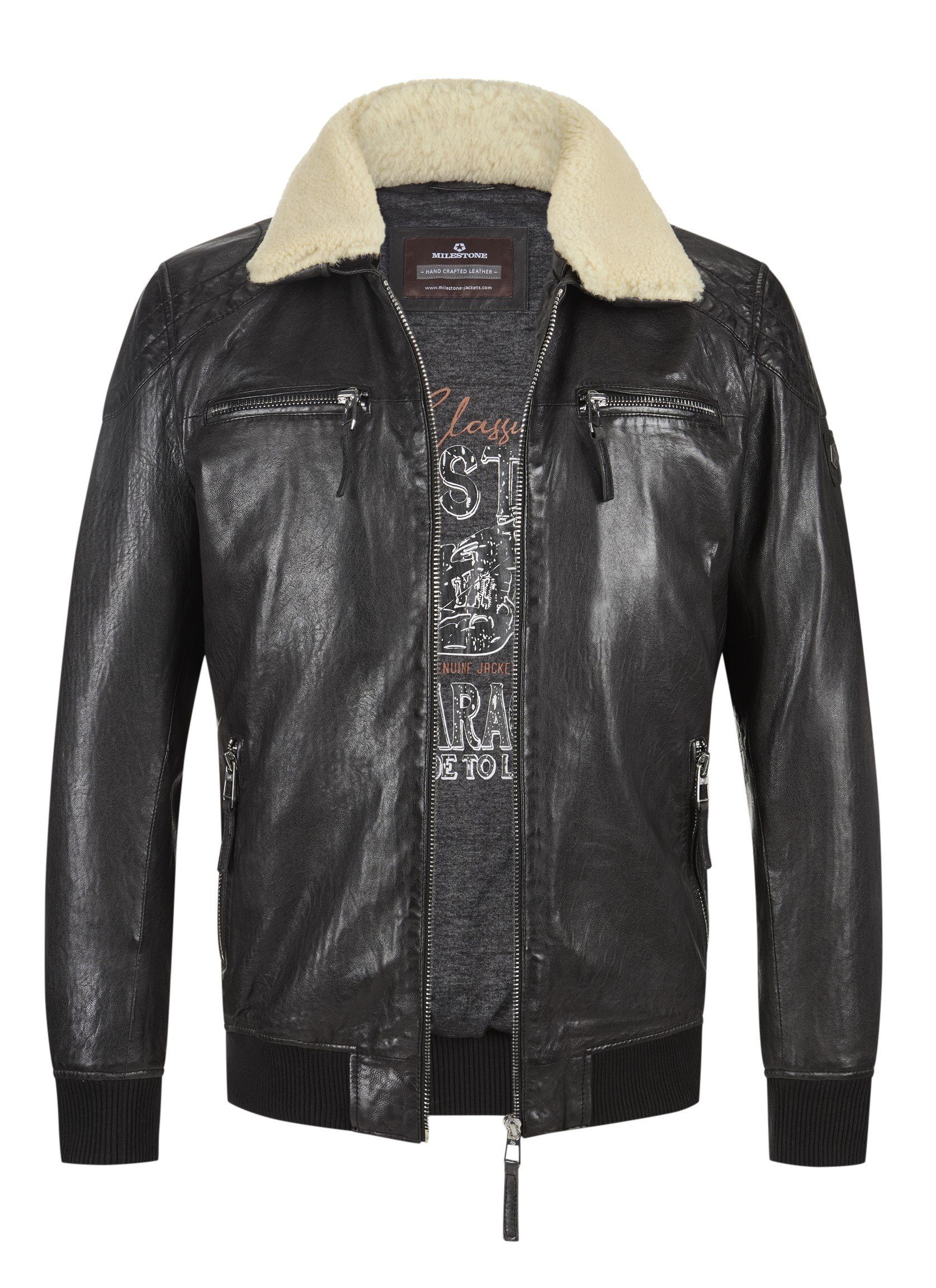 Milestone Lederjacke MSBen Umlegekragen mit abnehmbarem Shearling-Besatz