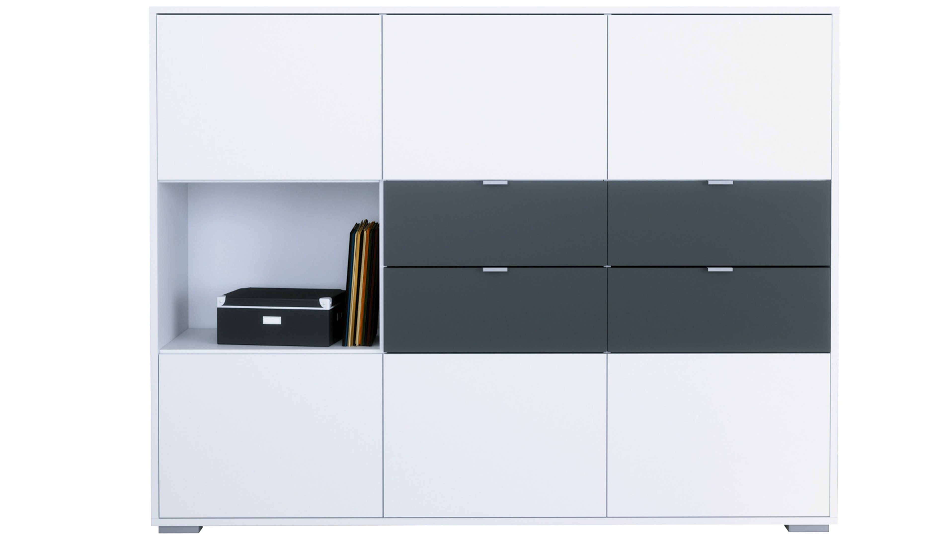 Vladon Highboard Milano (Highboard mit 6 Türen Weiß matt, 4 Schubladen Anthrazit matt, Made in Germany), Korpus Weiß matt (152,5 x 118 x 37 cm)