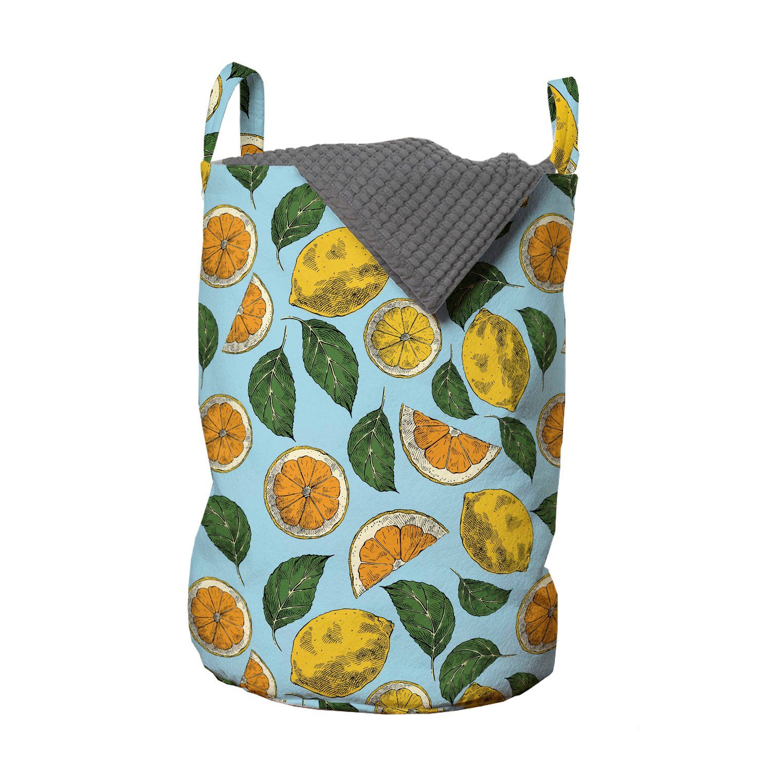 Abakuhaus Wäschesäckchen Wäschekorb mit Griffen Kordelzugverschluss für Waschsalons, Zitrone Saure Frucht und Blatt-Muster