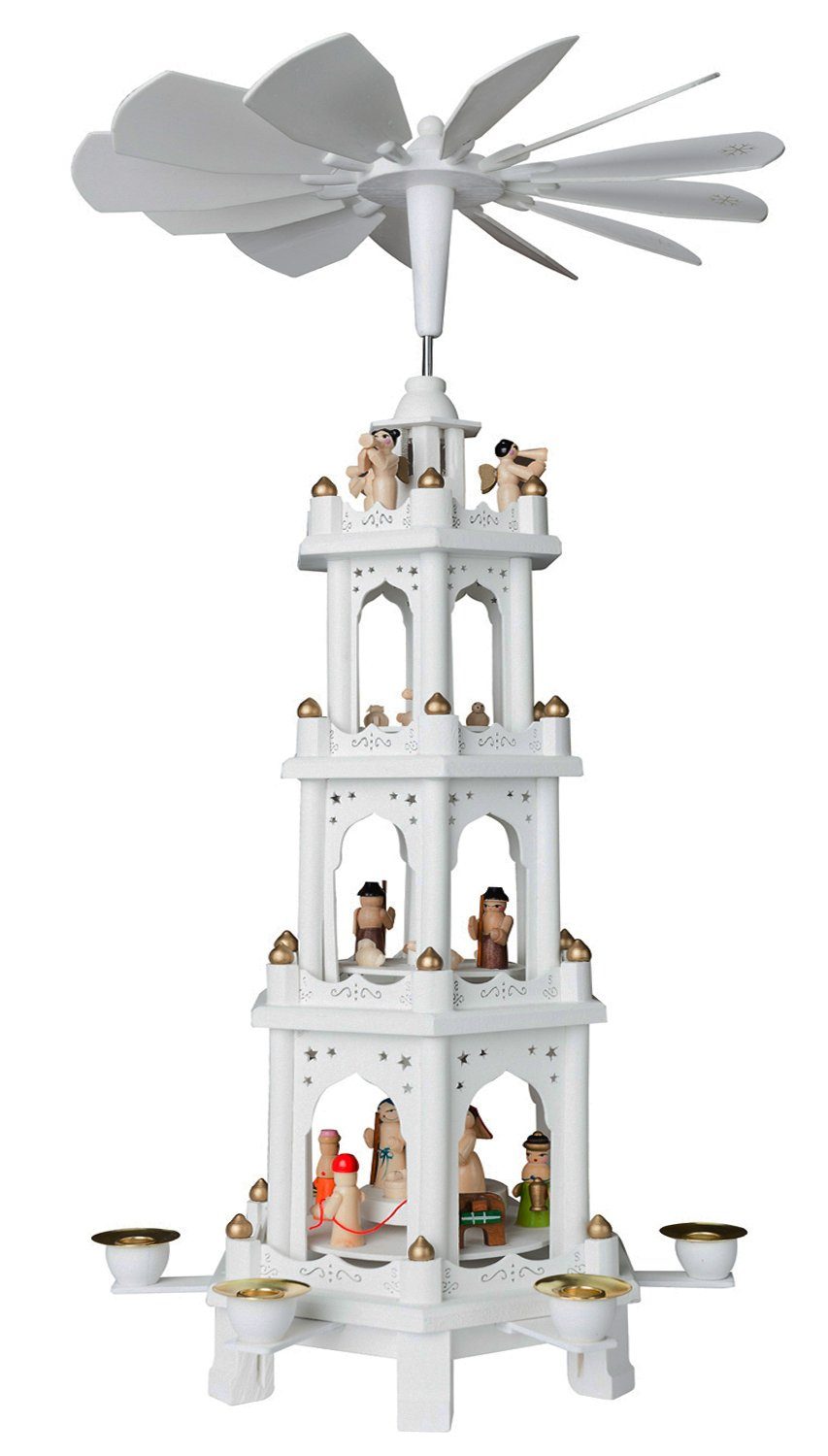 Weihnachtspyramide Weiße Holzpyramide mit 4 Etagen, Pyramide Weihnachten
