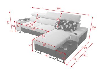 Möbel für Dich Ecksofa Melody I MAX, mit Ablage, USB, Becherhalter, Schlaffunktion und Bettkasten