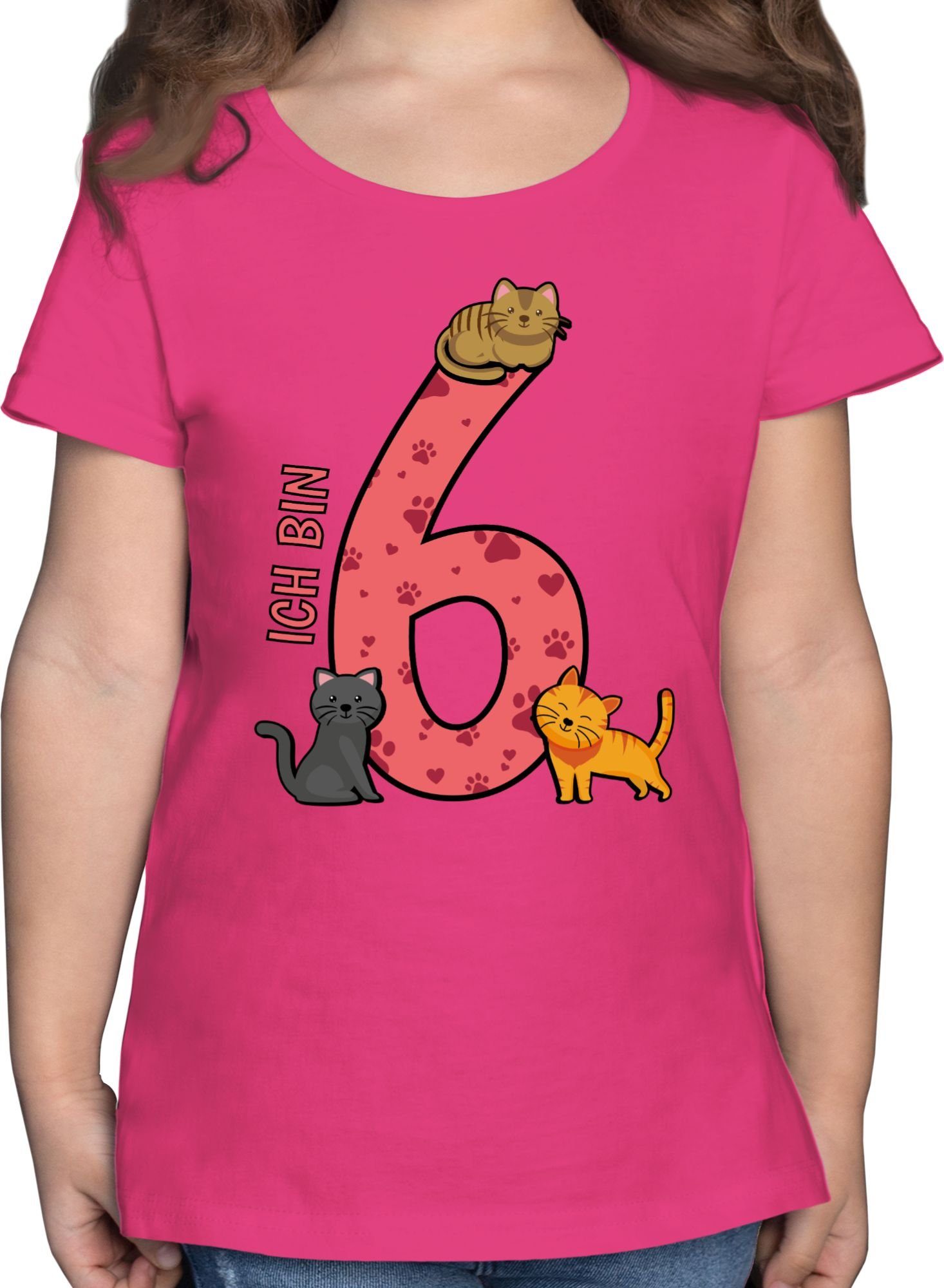 Shirtracer T-Shirt Katzen Sechster - 6. Geburtstag - Mädchen Kinder T-Shirt tshirt 6 - t shirt mädchen 128 - katzen t-shirt kinder 1 Fuchsia