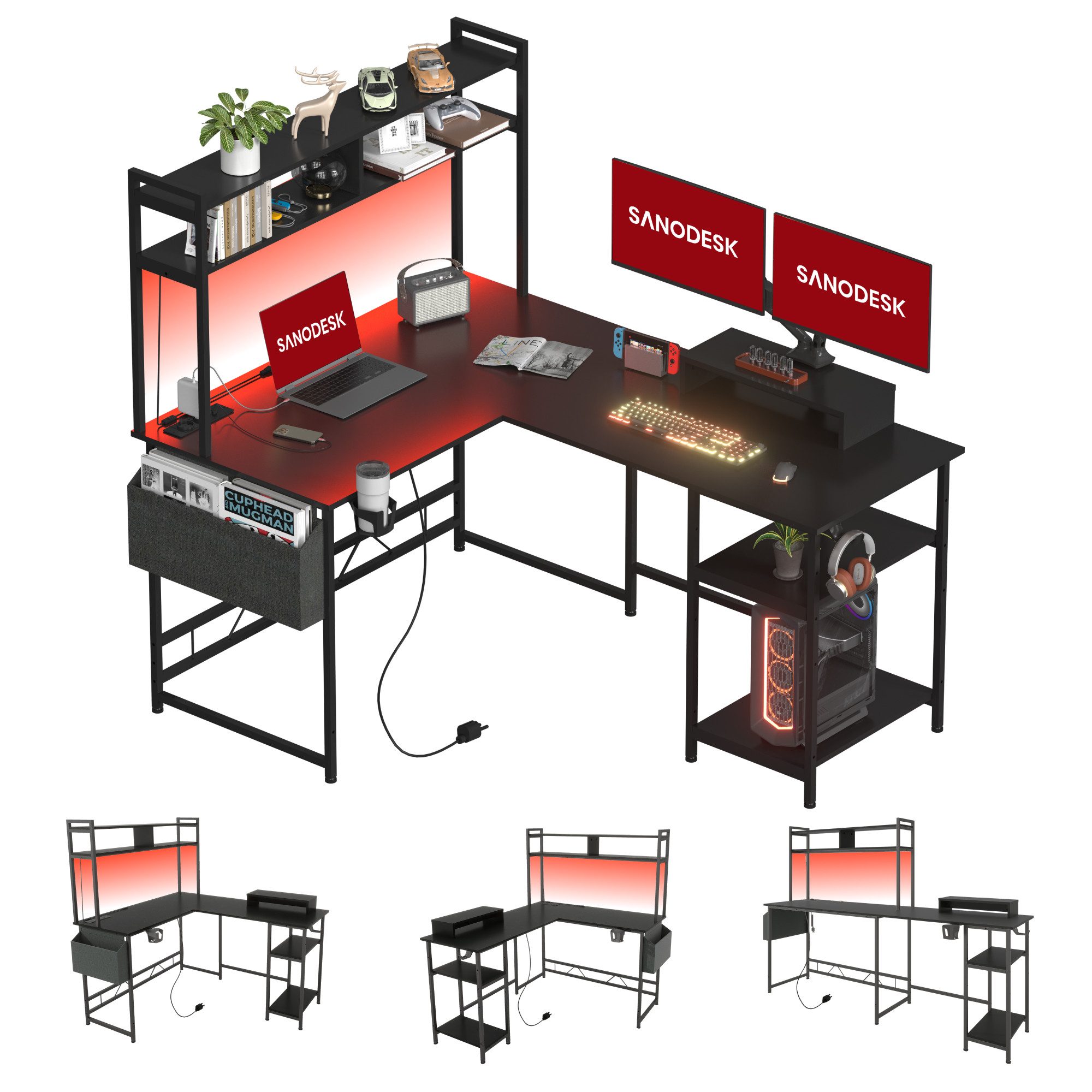 SANODESK Computertisch Gaming Tisch L-Form Schreibtisch Jugendschreibtische (L-förmiger Schreibtisch, mit Regal), mit LED-Beleuchtung, 2 Steckdosen & 2 USB-Anschlüsse