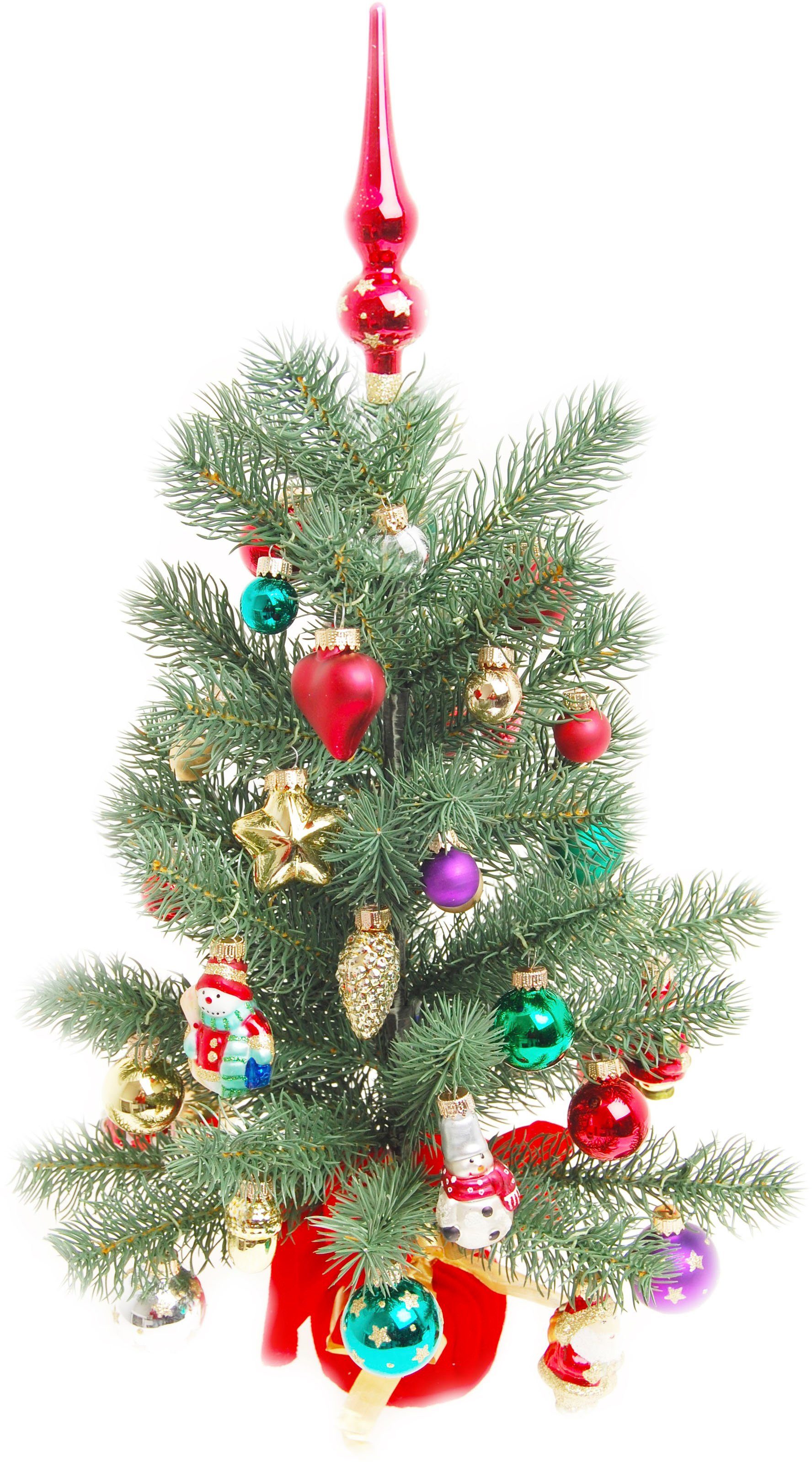 Krebs Glas Lauscha Künstlicher Weihnachtsbaum Mini Weihnachtsbaum 45 cm - mit Kugeln, Figuren und Spitze, Edeltanne, Weihnachtsbaumschmuck inkl. Kugelaufhänger