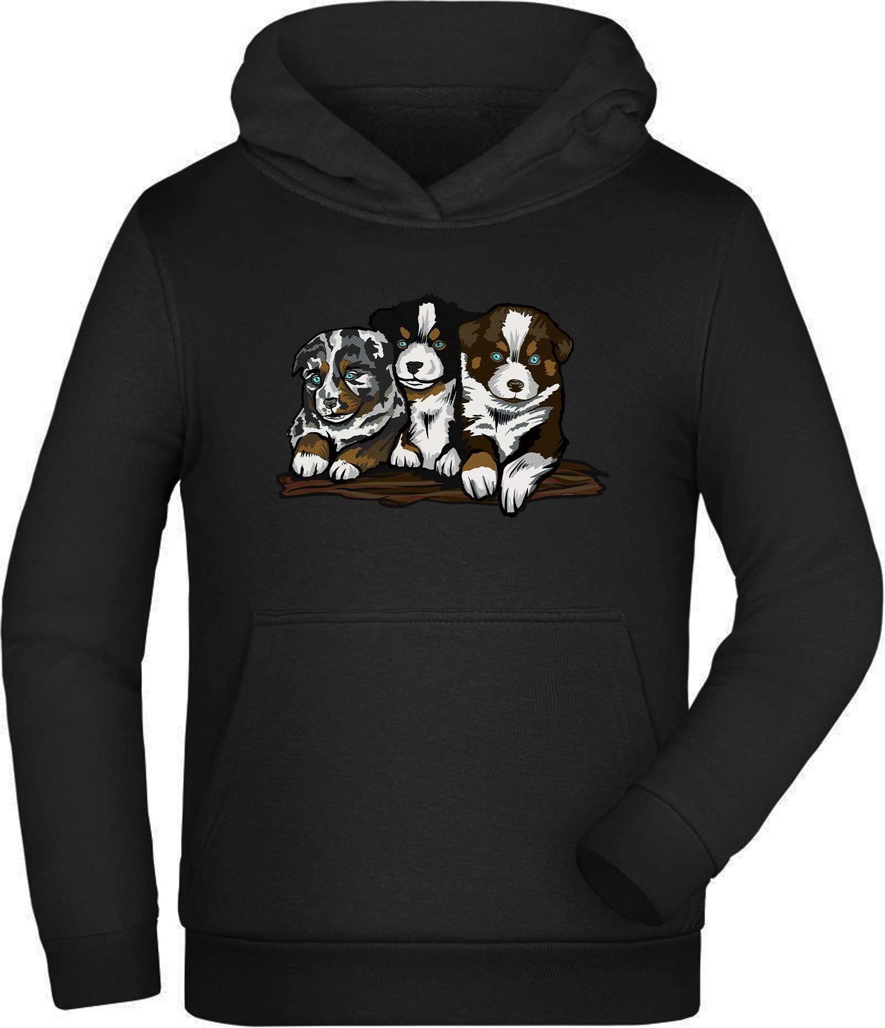 MyDesign24 Hoodie Kinder Kapuzen Sweatshirt Hunde Hoodie Drei Hundewelpen Kapuzensweater mit Aufdruck, i215