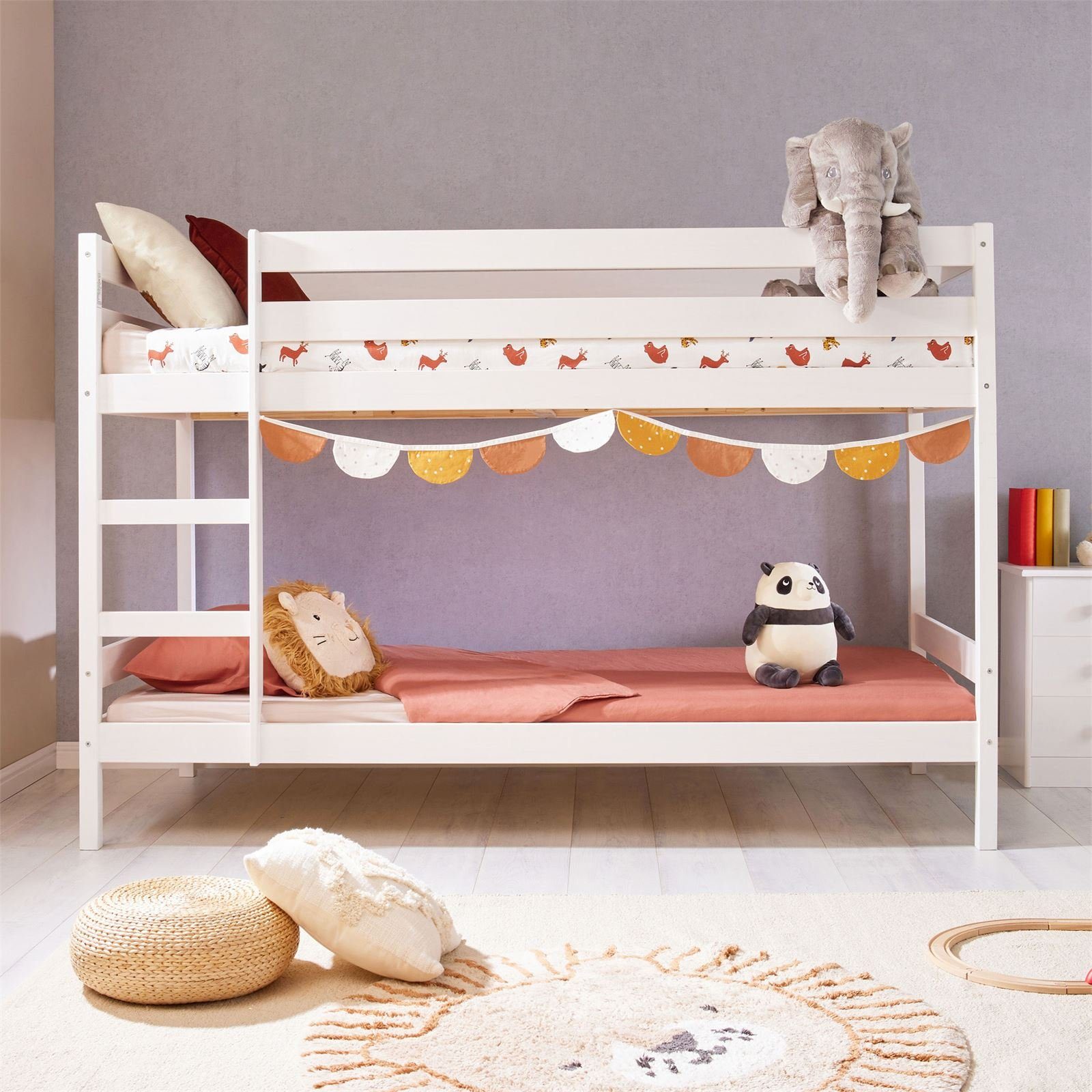 IDIMEX Bett massiv Etagenbett w Kinder Hochbett weiß Kiefer 90x200 Etagenbett FELIX, Doppelstockbett