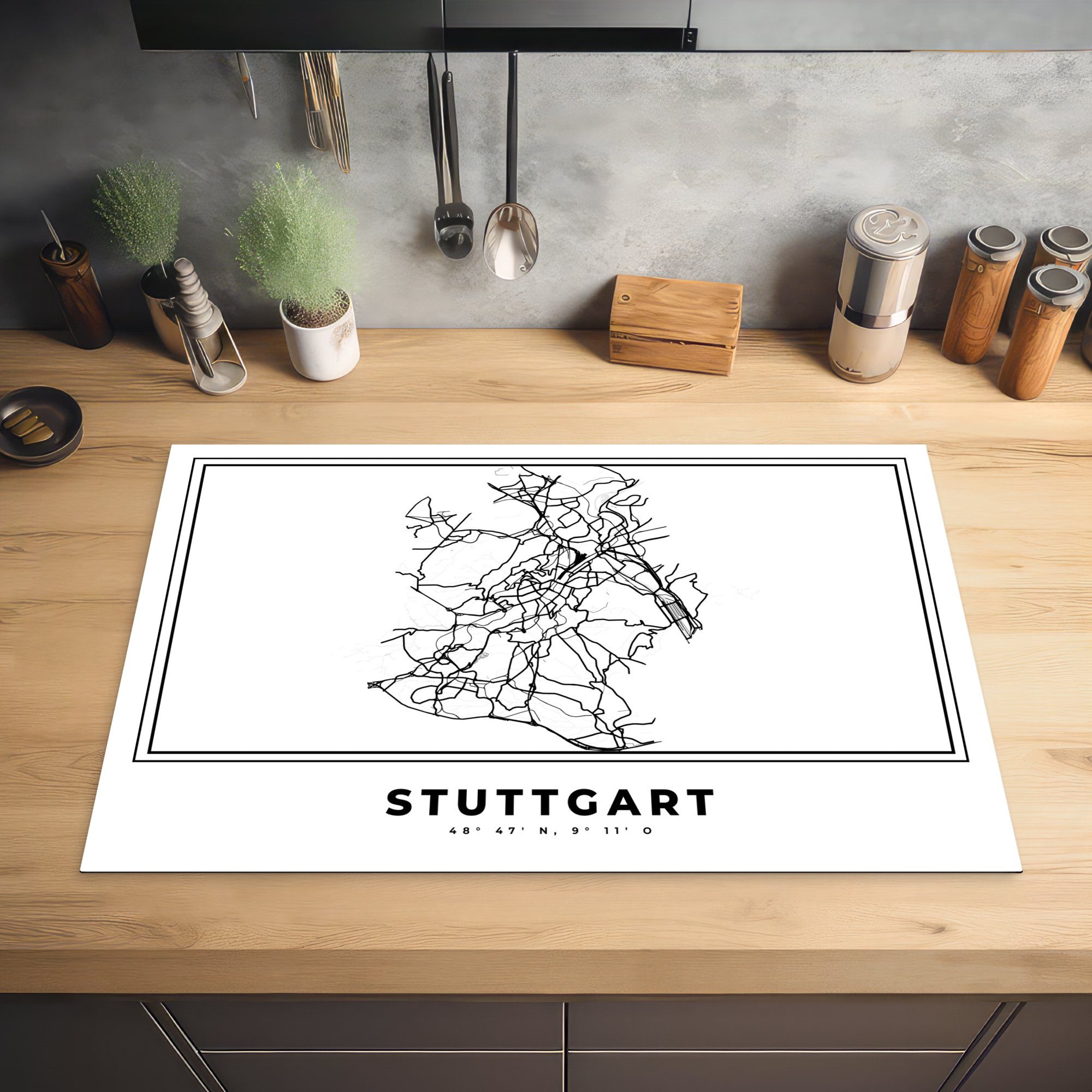 die Karte, Herdblende-/Abdeckplatte - Schwarz und Deutschland Schutz weiß Stadtplan küche, cm, - Induktionskochfeld 81x52 für (1 MuchoWow Vinyl, - tlg), Ceranfeldabdeckung Stuttgart -