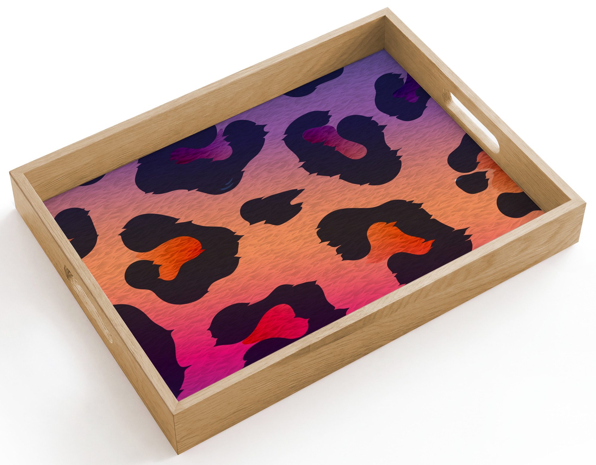 OnlyWow Tablett Rechteckig mit Henkel Pantherdruck - Rosa - Lila - Orange, Eichenholz, (1-tlg), Siervierplatte, Tray, Frühstücksbrett