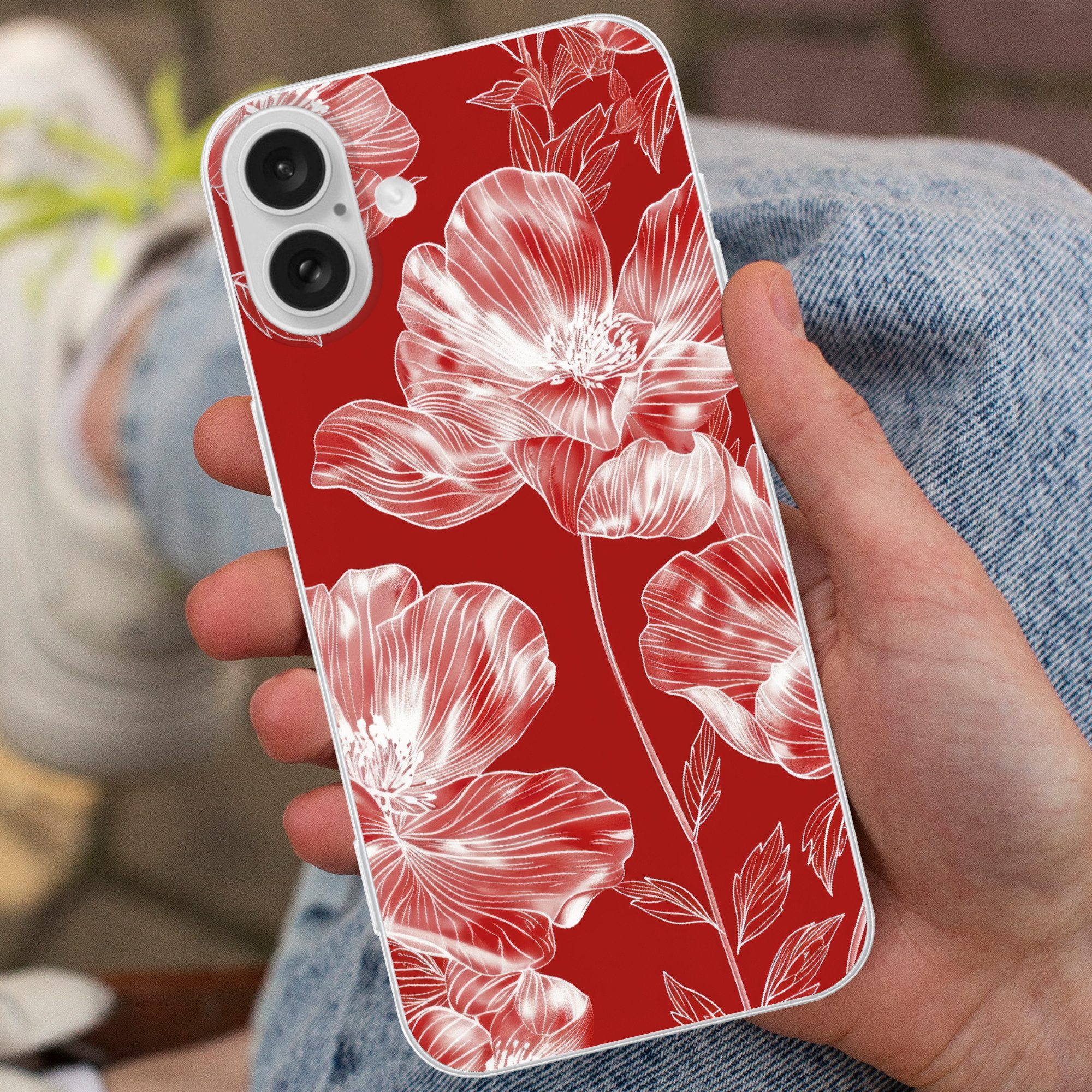 MuchoWow Handyhülle für Apple iPhone 16 Plus Blumen - Muster - Rot - Weiß, Smartphone-Bumper, Print, Handy Schutzhülle Dünn