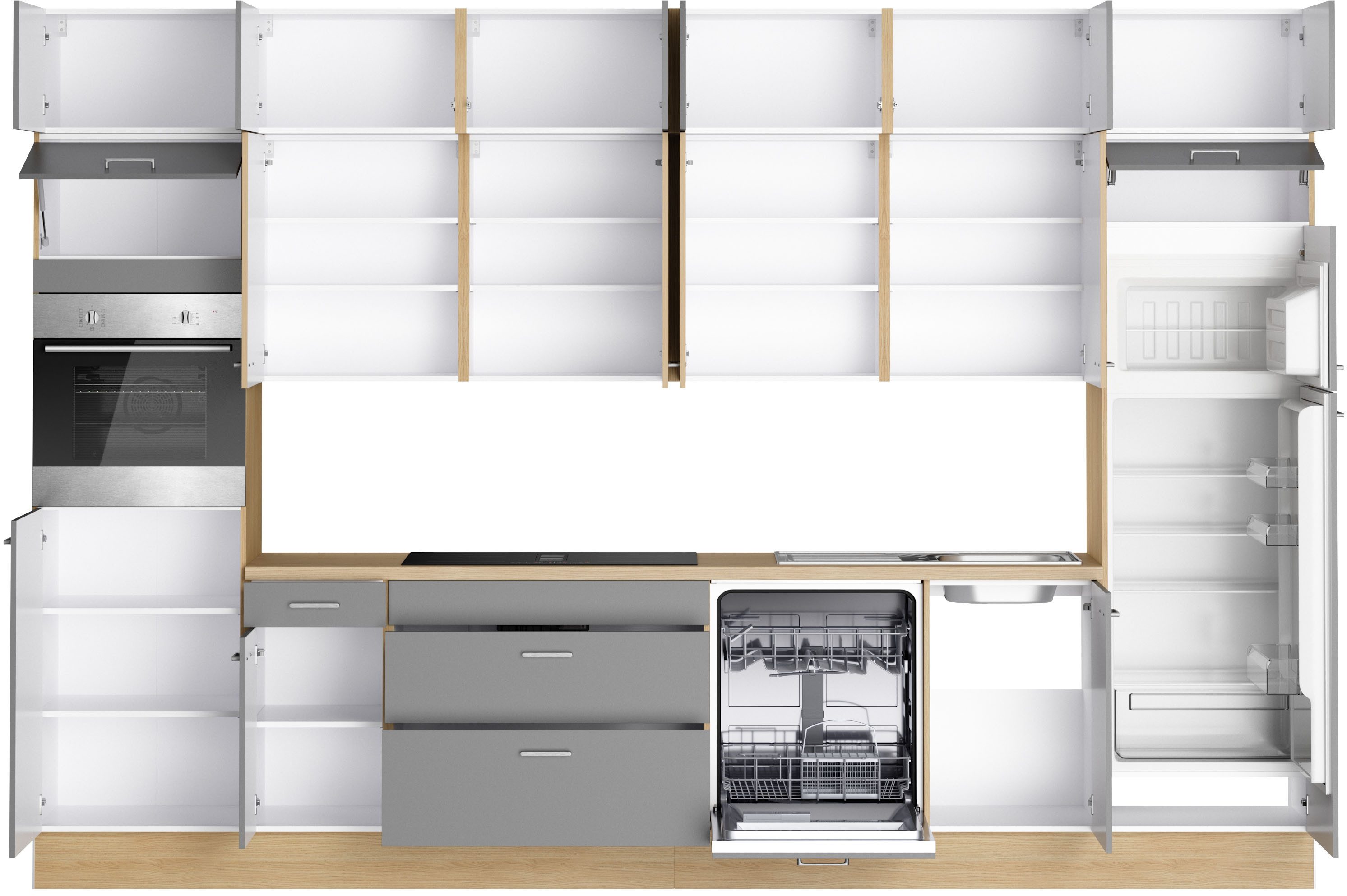 KOCHSTATION Küchenzeile KS-Lucy wahlweise mit Induktionskochfeld mit integriertem Dunstabzug, Breite 360 cm, Soft-Close, inkl. Zubehör, wahlweise mit E-Geräten