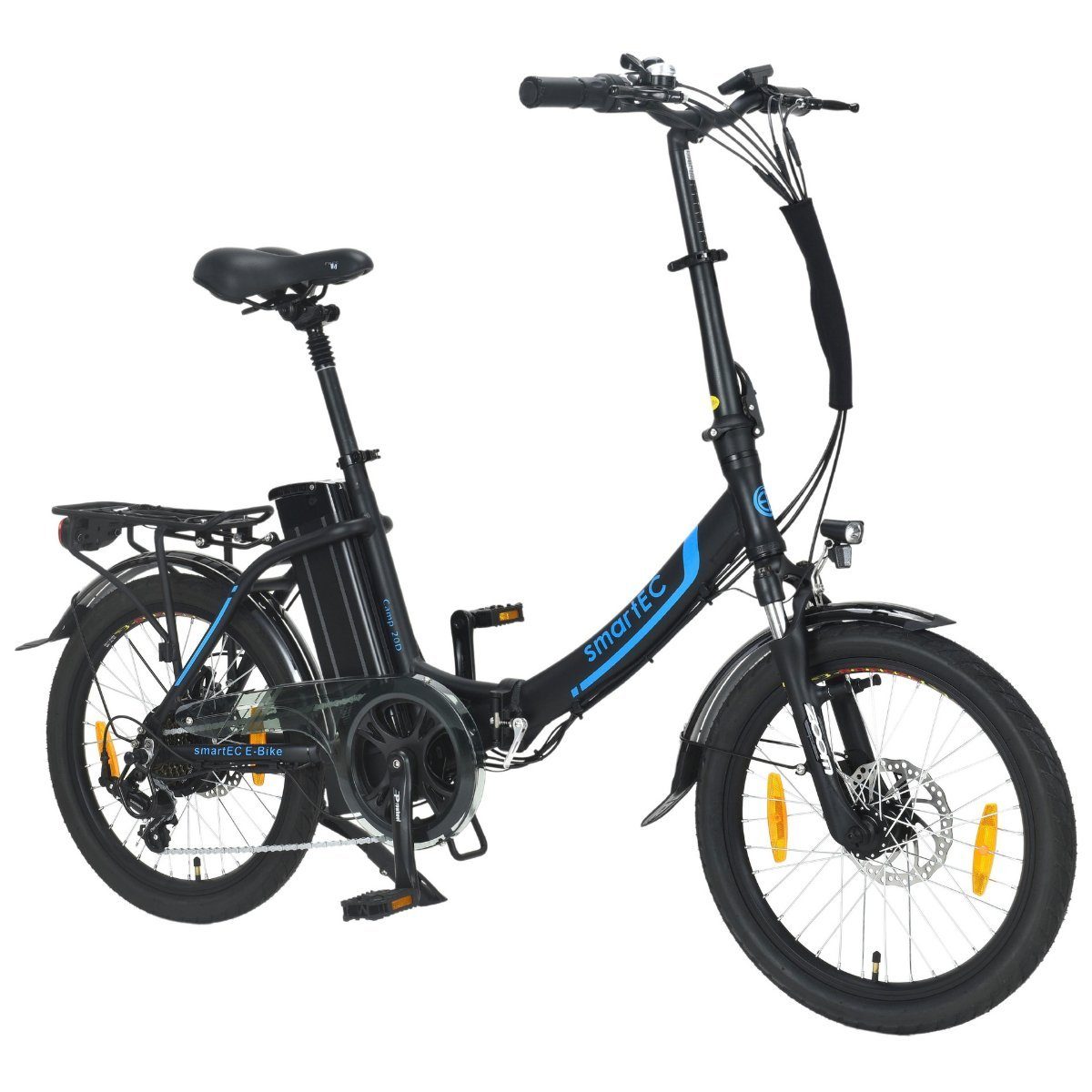 smartEC E-Bike 20 Zoll Klapprad Camp-20D Schwarz, 7 Gang Shimano Tourney Schaltwerk, Kettenschaltung, Hinterrad-Nabenmotor, 562,00 Wh Akku, Batterie, Damen/Herren Unterstützung 25 km/h Anfahrhilfe Scheibenbremse StVZO