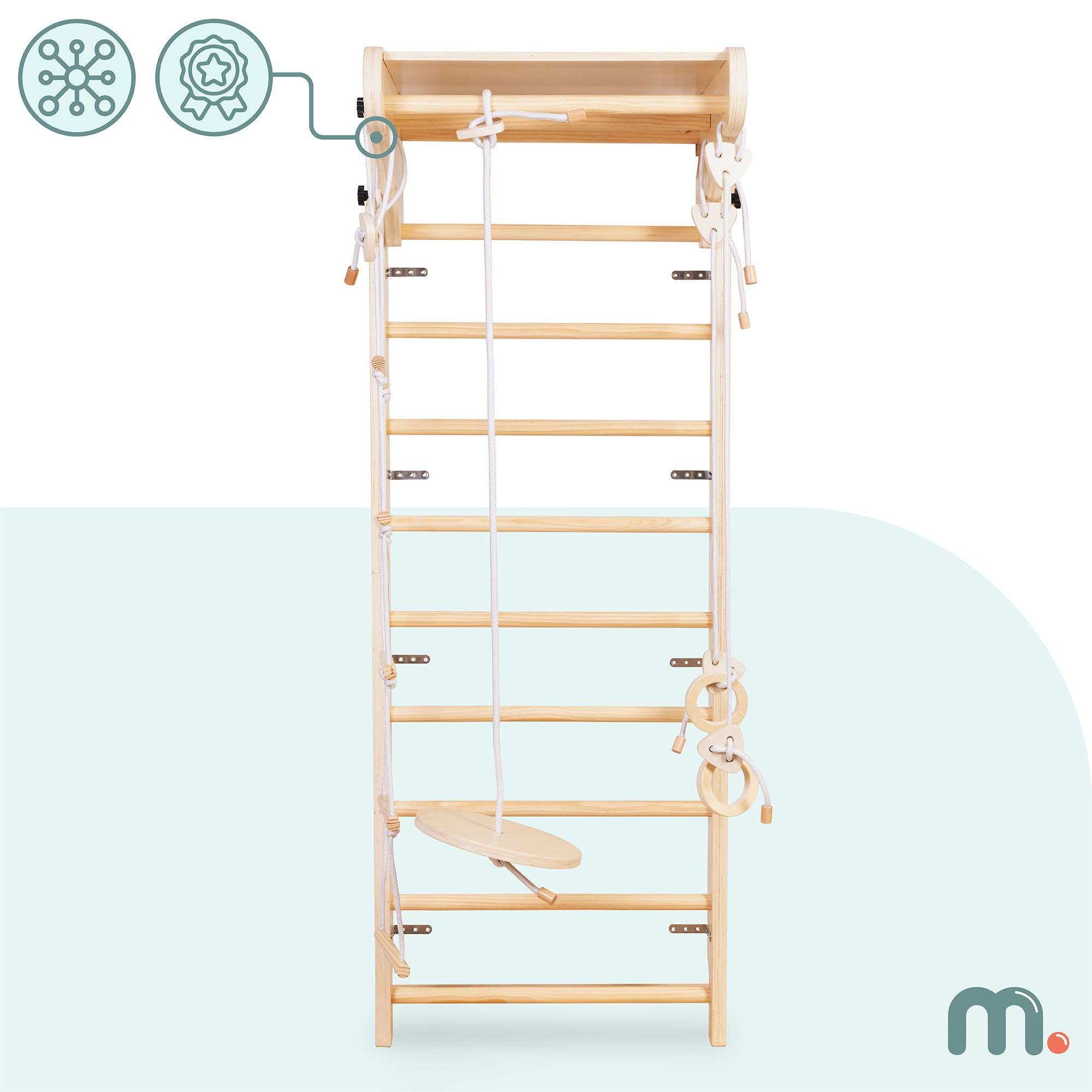 Mamabrum Kletterwand Holz-Kletterwand für Kinder mit Zubehör – Schaukel, Ringe & Seilleiter