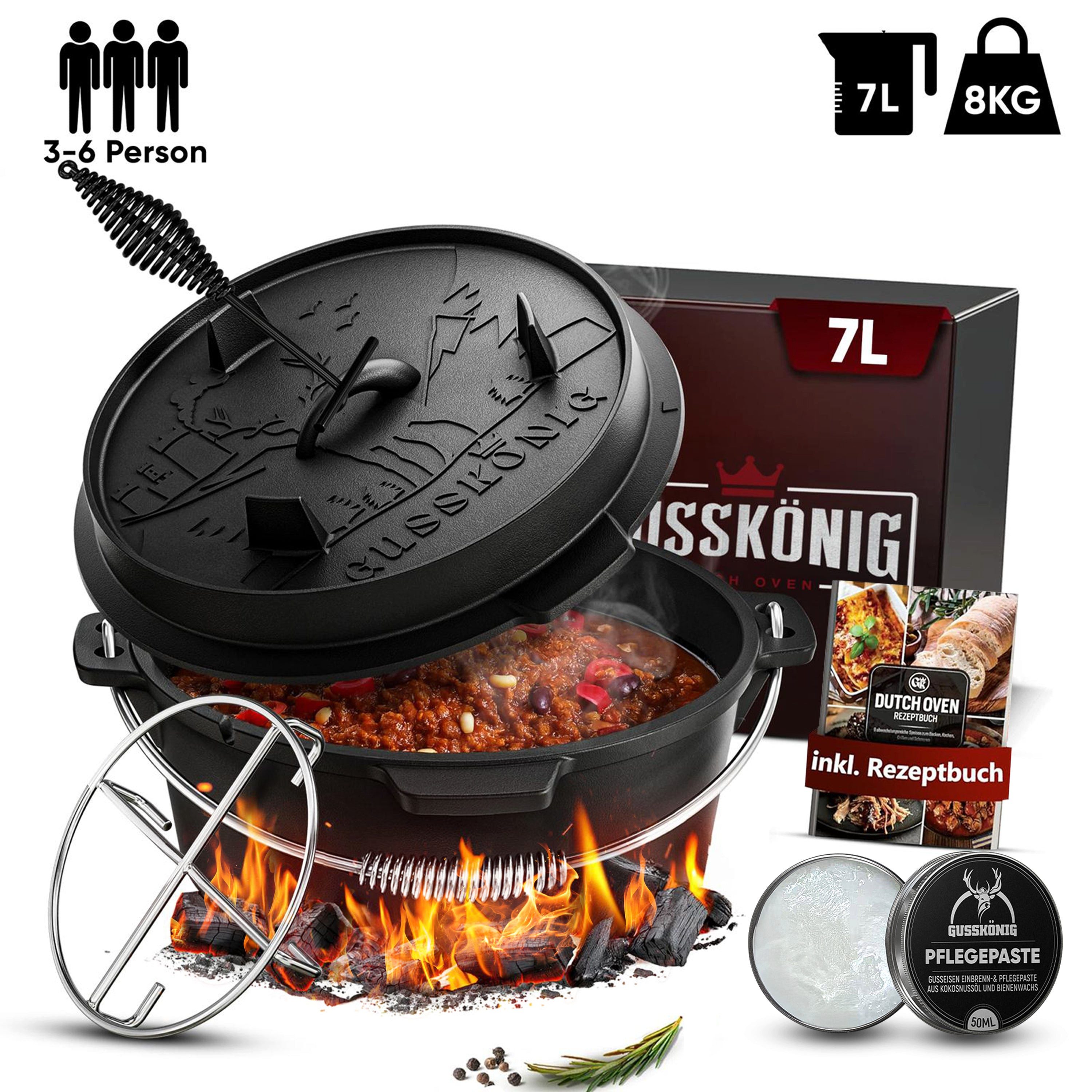 GUSSKÖNIG Schmortopf GUSSKÖNIG Dutch Oven Klassisch Topf ohne Füßen 7Liter Set