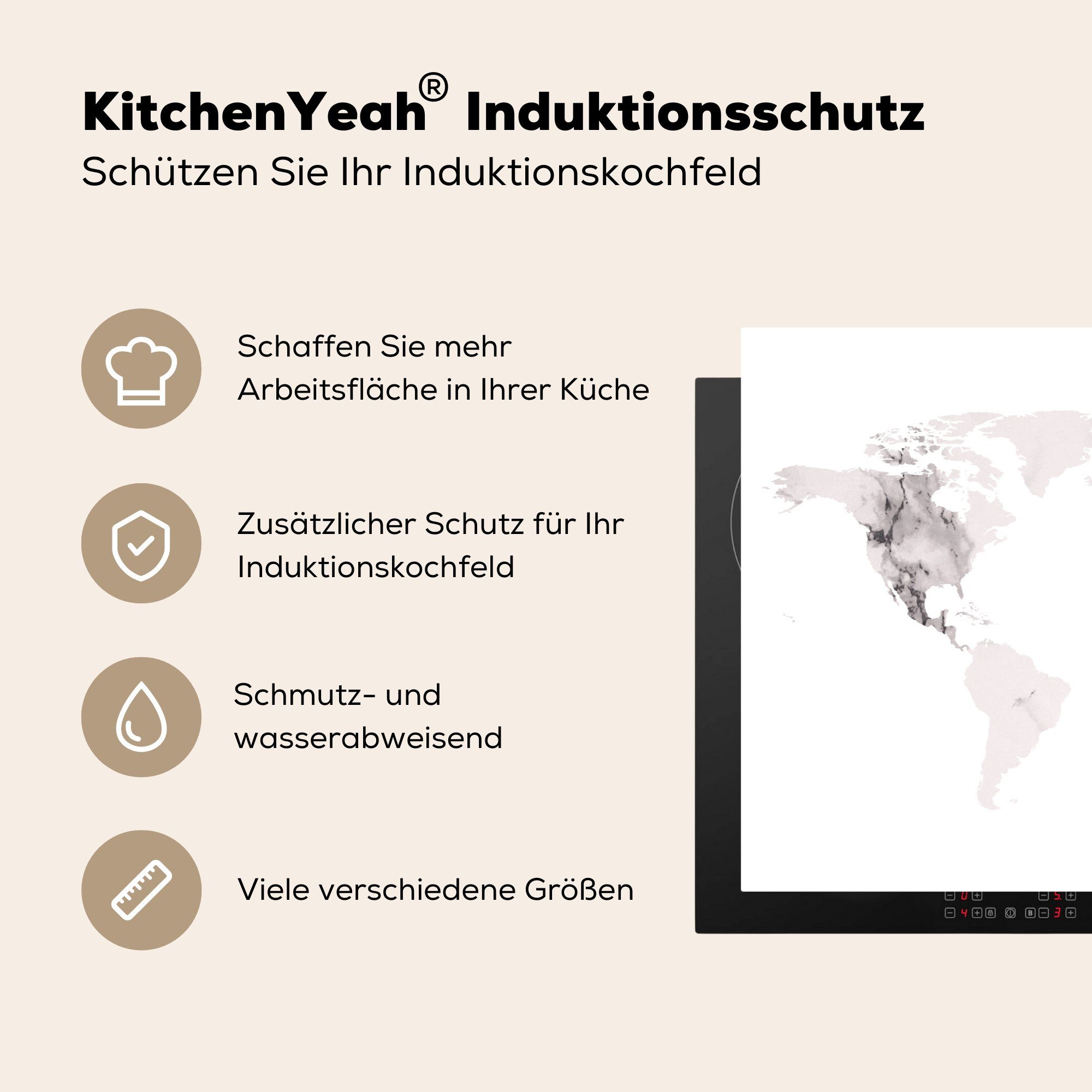 Weltkarte Ceranfeldabdeckung küche, Herdblende-/Abdeckplatte 81x52 Grau, Vinyl, tlg), (1 für die - MuchoWow Schutz Induktionskochfeld Marmor - cm,