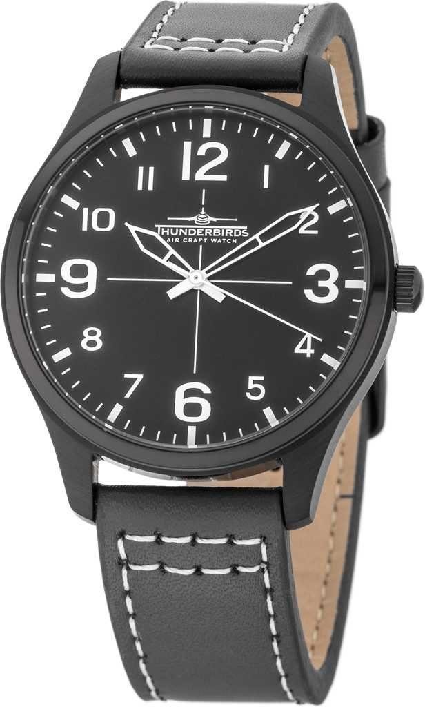 Thunderbirds Quarzuhr TB5000-20, Herren-Fliegeruhr mit 40 mm schwarzem Edelstahlgehäuse, Lederarmband grau, elegante Armbanduhr für Männer