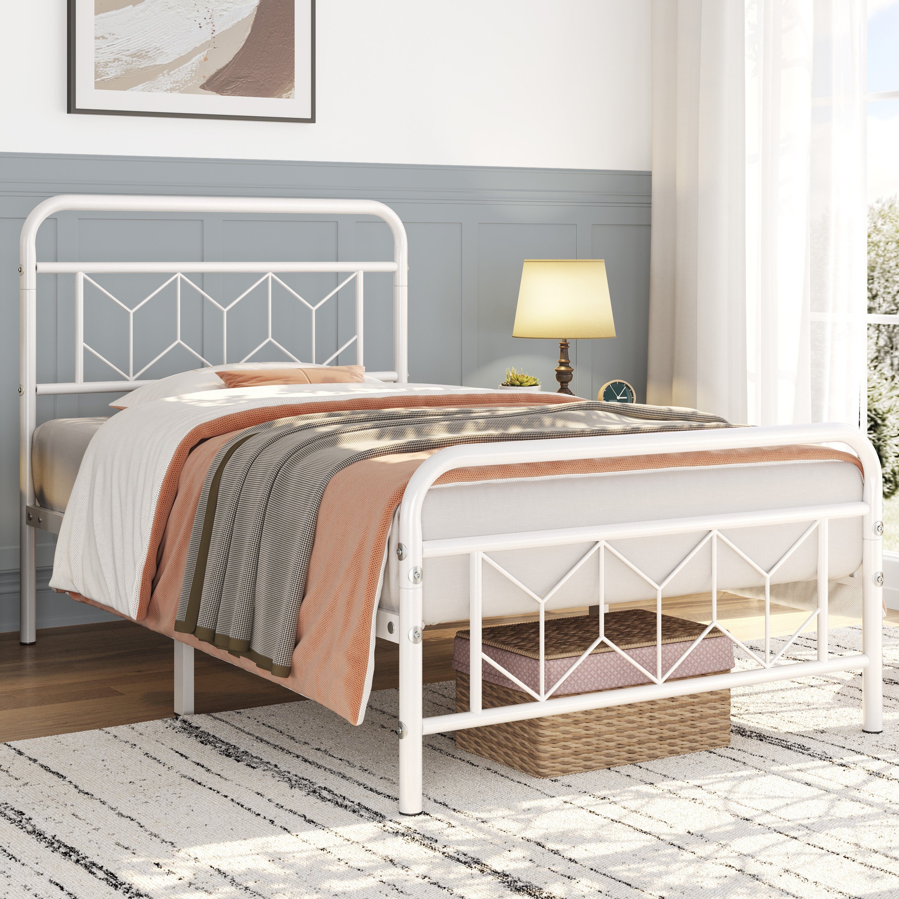 Yaheetech Metallbett 90x190 Cm – Schlichtes Design, Hoher Kopfteil, Mit Lattenrost, Stauraum Darunter