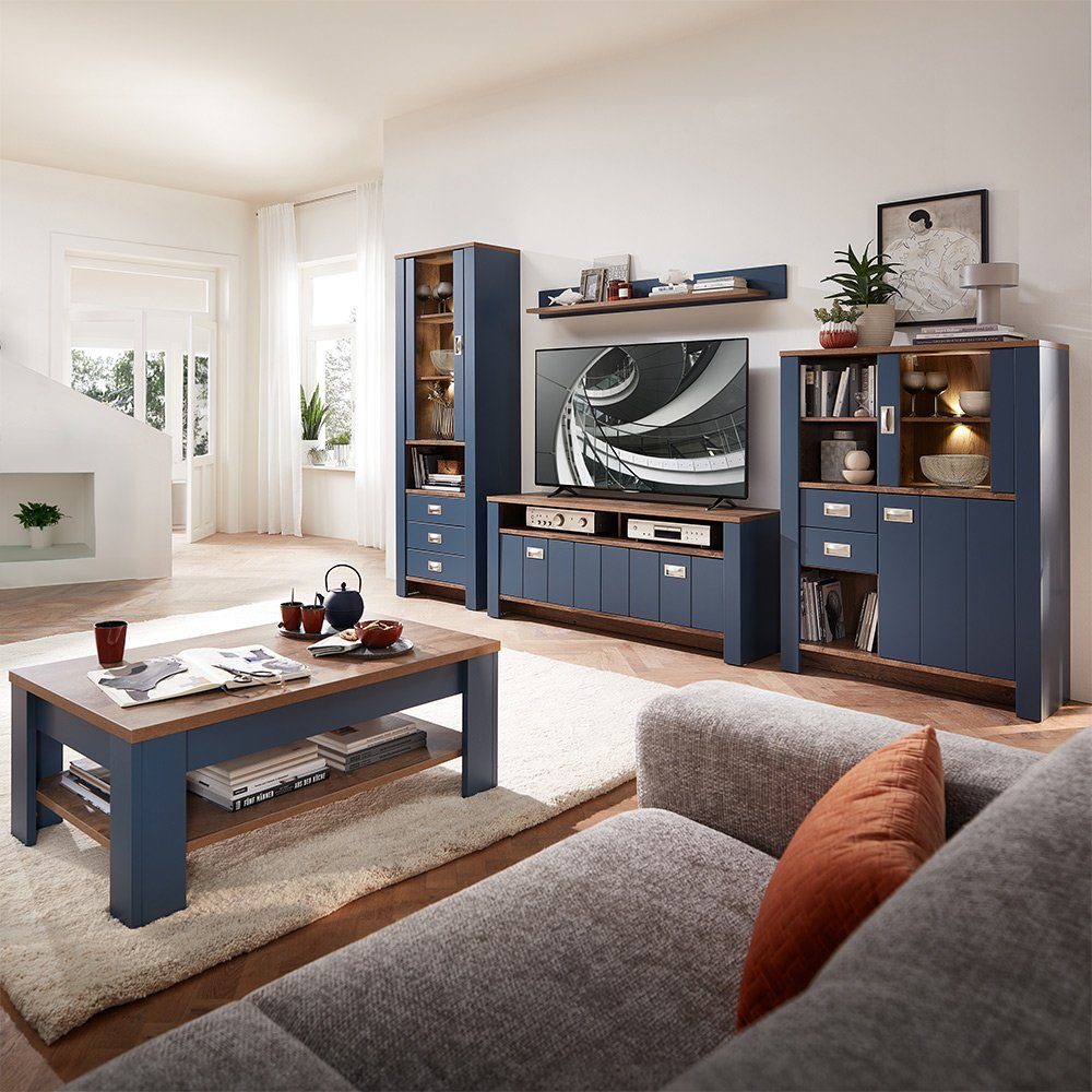 DEVON-36, Wohnzimmer mit cm, Lomadox Wandregal 147 Landhausstil in Wandboard Eiche, blau