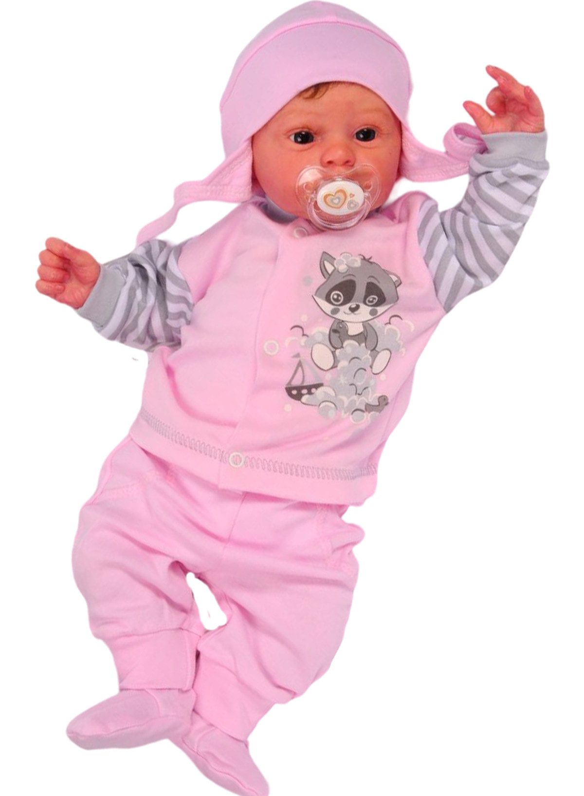 La Bortini Anzug 3-teilig Baby Anzug Hose Hemdchen Mütze in Rosa gestreift mit Waschbär aus reiner Baumwolle, 44 50 56 62 68 74 80