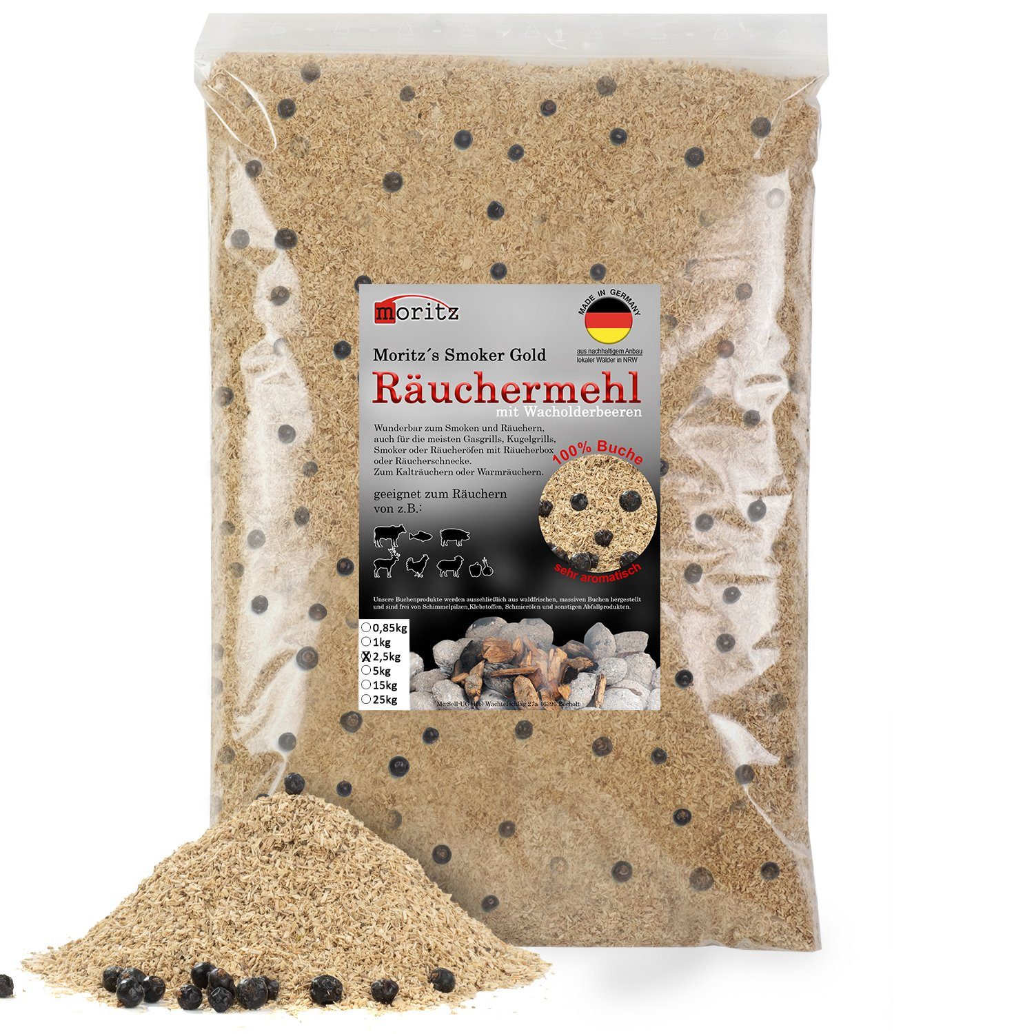 Moritz Räucherbox 2,5kg Räuchermehl Buche mit Wacholder fein 0,5 -1 mm zum smoken, räuchern/kalträuchern von Fleisch, Fisch, Gemüse geeignet