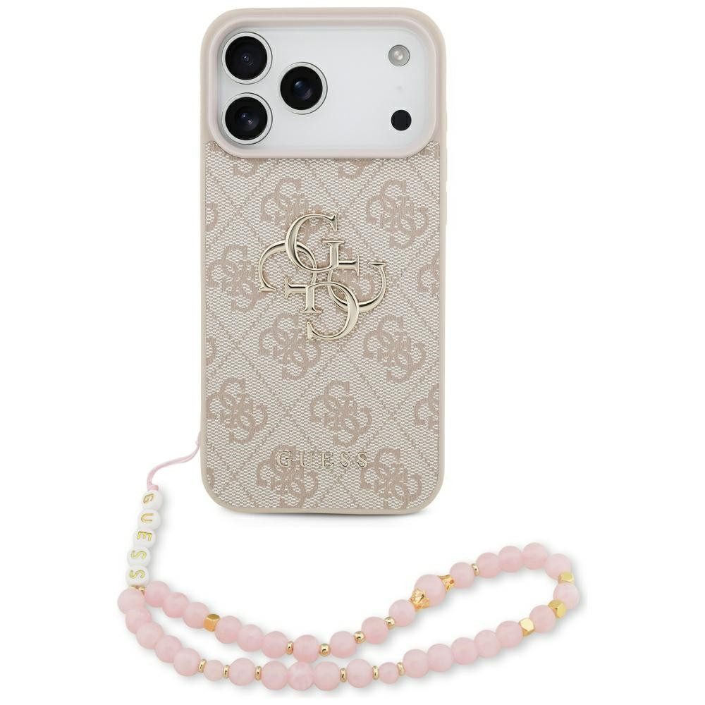 Guess Handyhülle Case iPhone 17 Pro Max Kunstleder rosa Big Logo goldfarbig Kette 6,9 Zoll, Kantenschutz