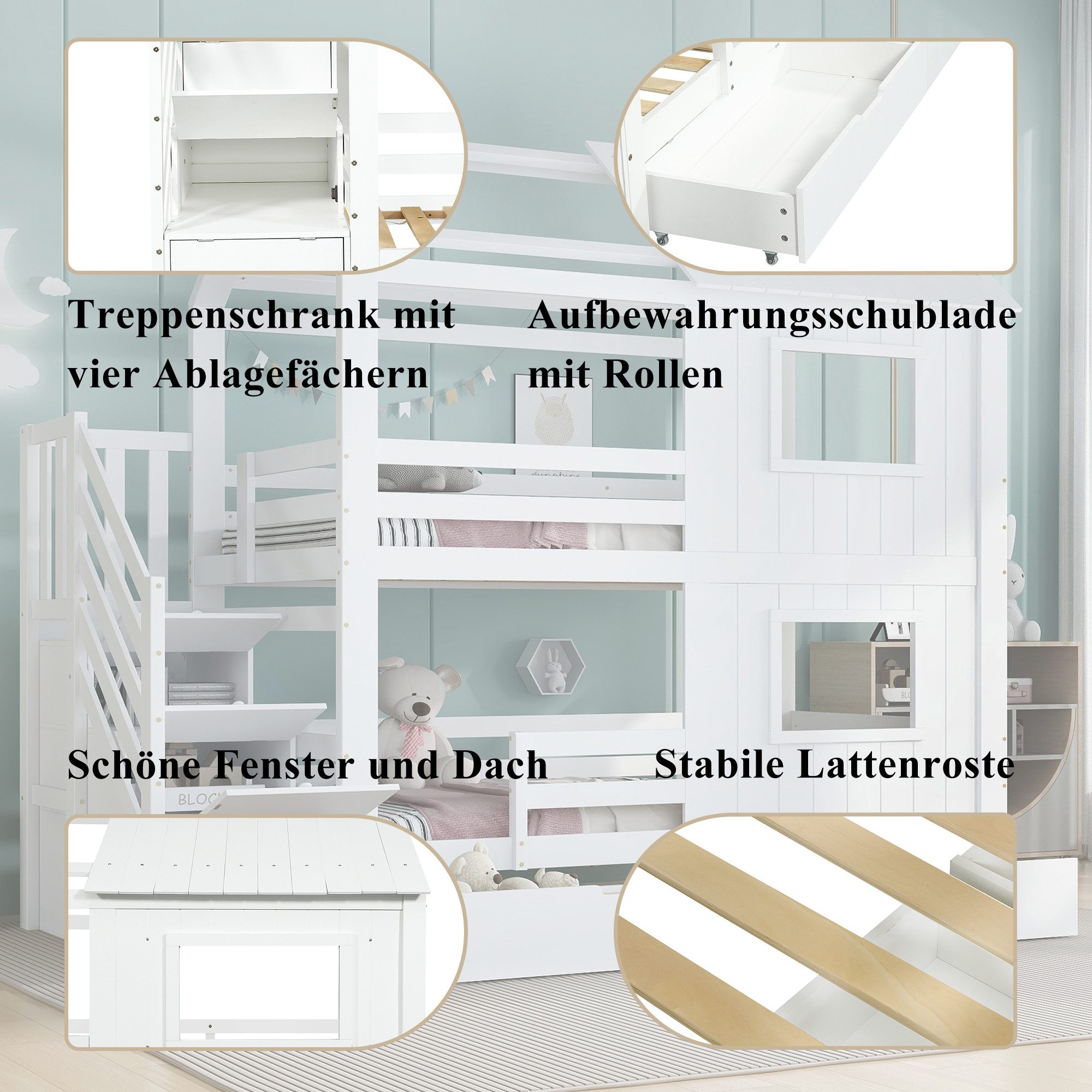 Odikalo Bunk Bed 90x200 Children's Bed with Storage & All-Around Fall Protection (Children's Bed, Staircase Wardrobe with Shelves, Storage Drawer with Wheels, Attractive Windows and Roof, Sturdy Slatted Bases, Pine + MDF + Plywood, White, 90x200cm)