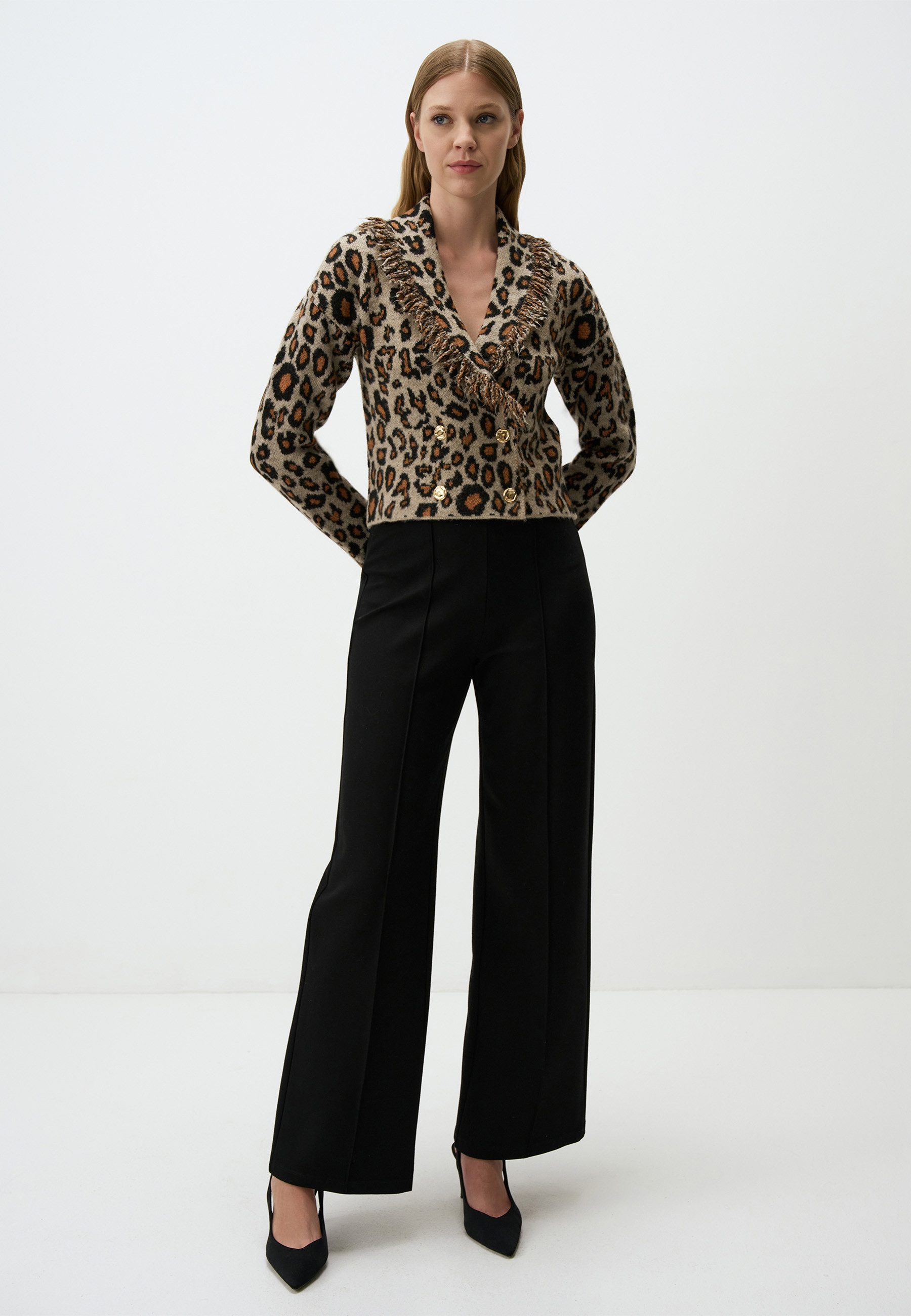 Jimmy Key Cardigan Beige Leopardenmuster Zweireiher günstig online kaufen