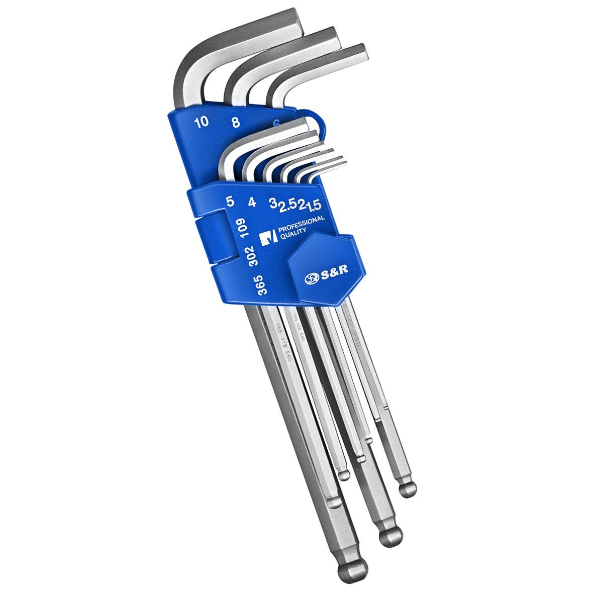S&R Innensechskantschlüssel Winkelschlüssel Satz mit Kugelkopf, Sechskantschlüssel mit Clip (9-tlg, Metrisch 1,5, 2,0, 2,5, 3,0, 4,0, 5,0, 6,0, 8,0, 10,0), hochwertiger ChromVanadium Werkzeugstahl mit Chrom-Nickel-Beschichtung