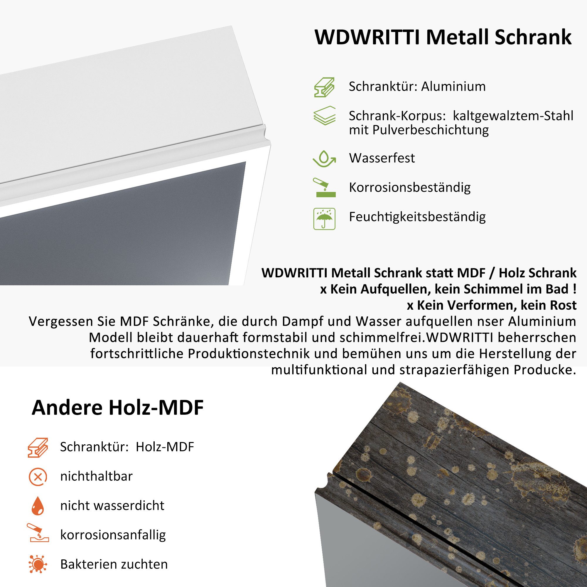 WDWRITTI Spiegelschrank Aluminum Weiß Badezimmerspiegelschrank mit LED 3Lichtmodi 2-türig (Wandschrank Hängeschrank Weiss, Helligkeit dimmbar, Anti-fog, Speicherfunktion) 2 Installationsmethoden, mit Netzadapter