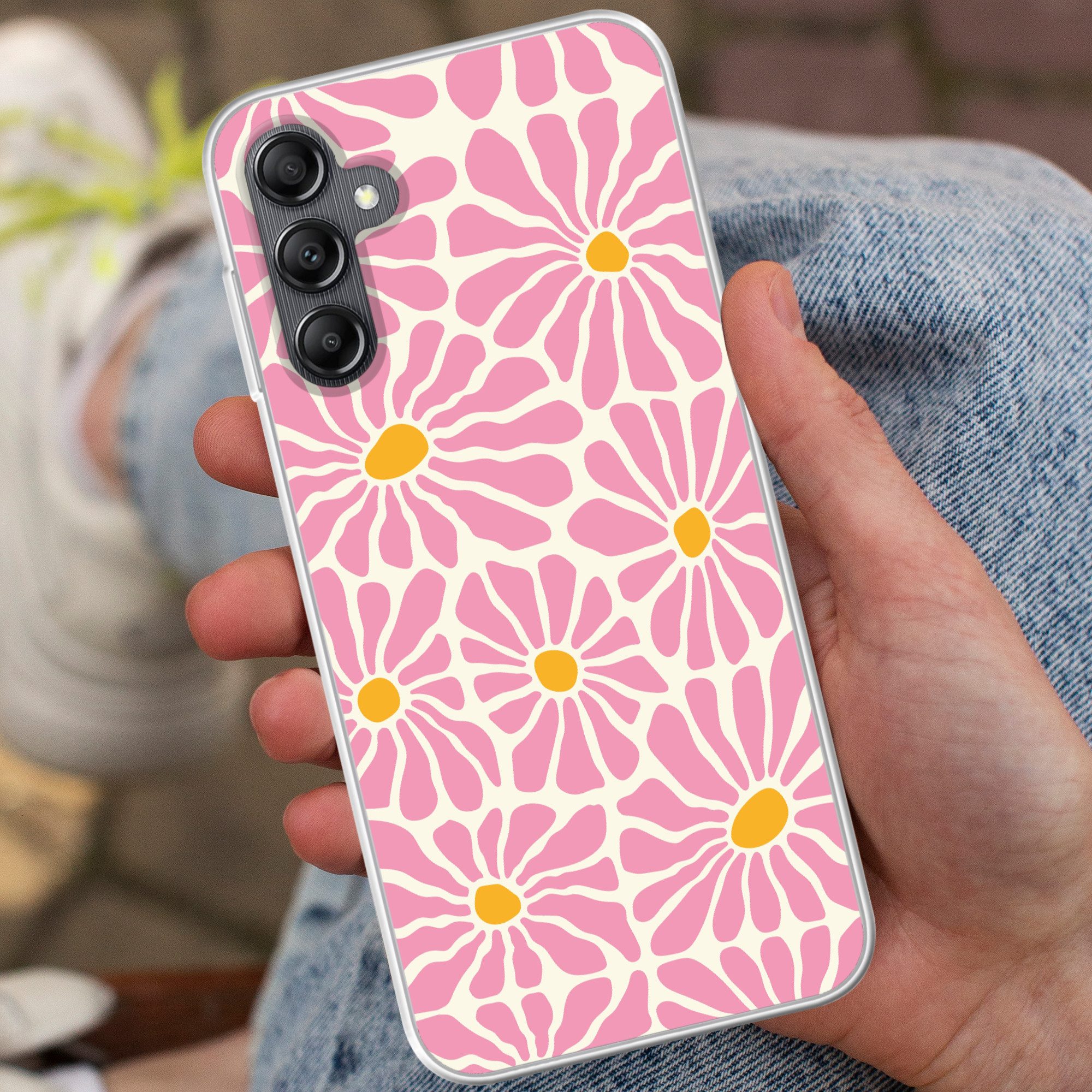 MuchoWow Handyhülle für Samsung Galaxy A14 5G Blumen - Muster - Rosa - Beige - Orange, Smartphone-Bumper, Print, Handy Schutzhülle Dünn