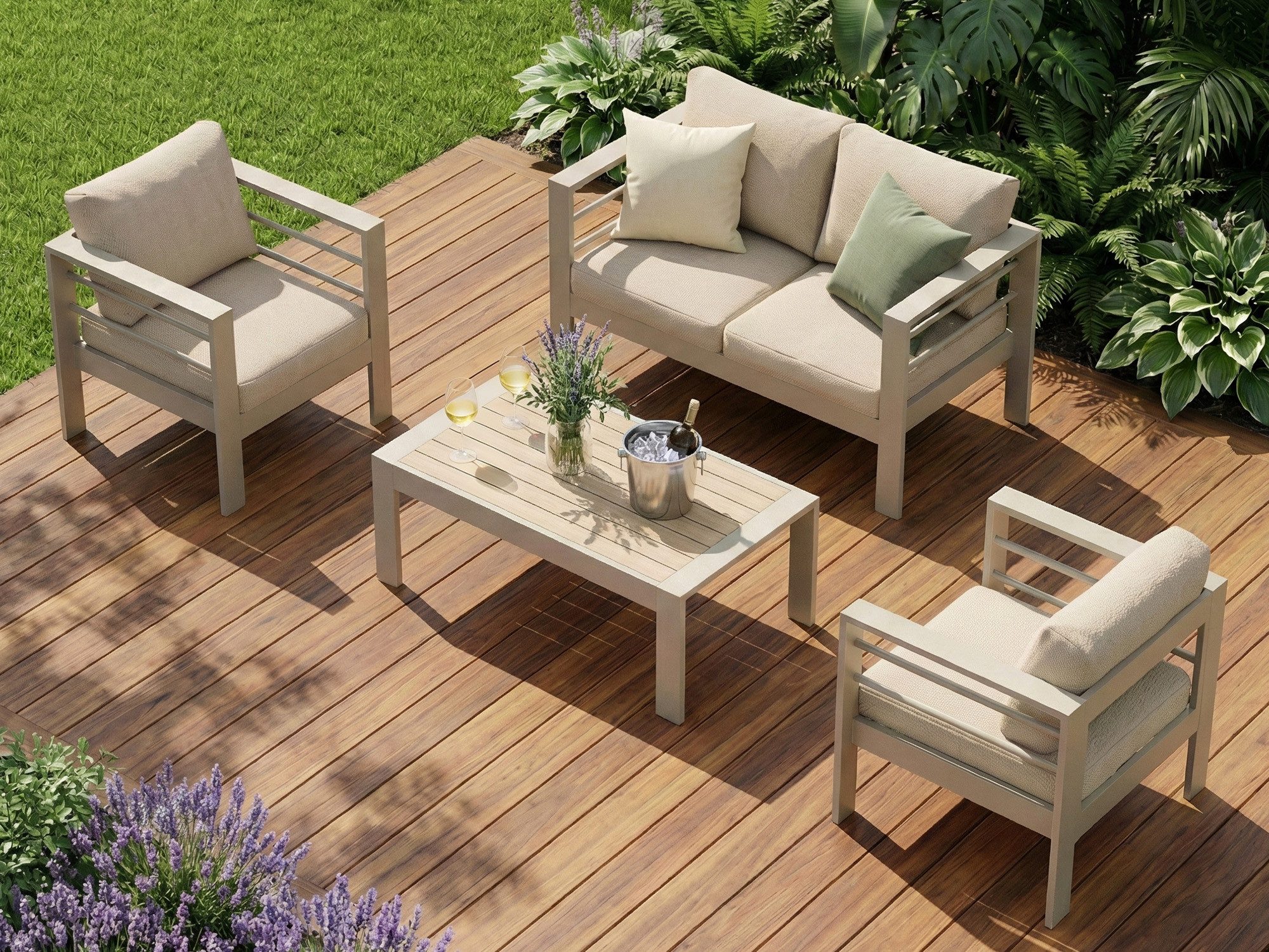 MeXo Gartenlounge-Set Aluminium Gartenmöbel Set Klein 4 Personen wetterfest, (Balkonlounge Outdoor, 12cm Deluxe Relax-Sitzkissen, 4-tlg., Belastbarkeit pro Sitzplatz 140kg), Balkonmöbel-Set, Luxus Relax, Tischplatte aus WPC
