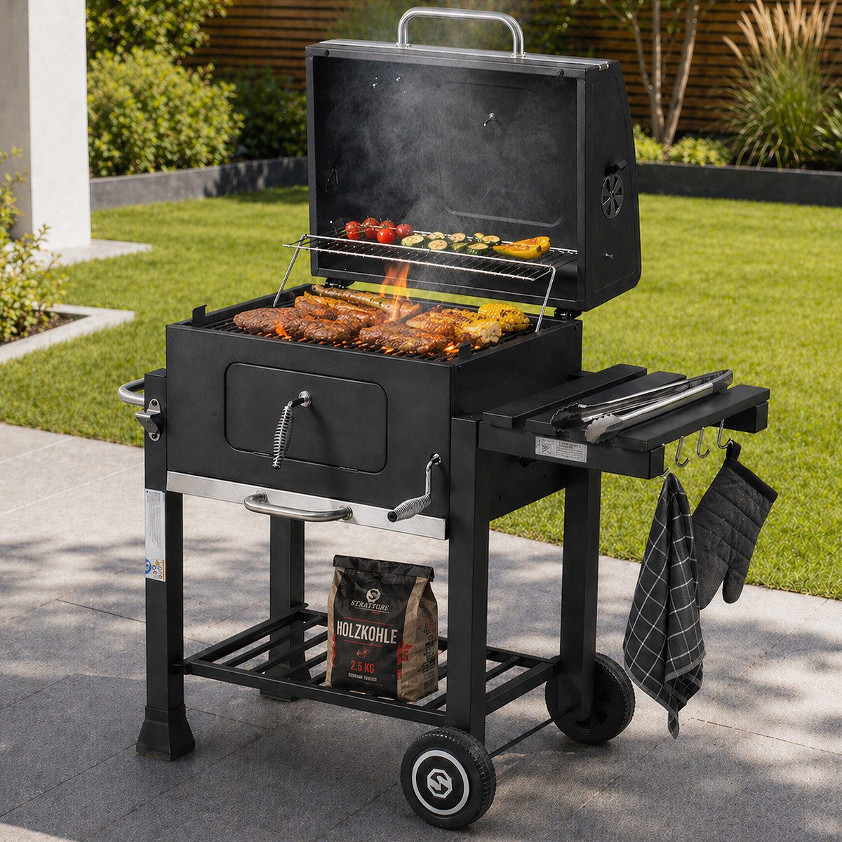 Strattore Holzkohlegrill Grill BBQ Grillwagen XL höhenverstellbar mit Rädern