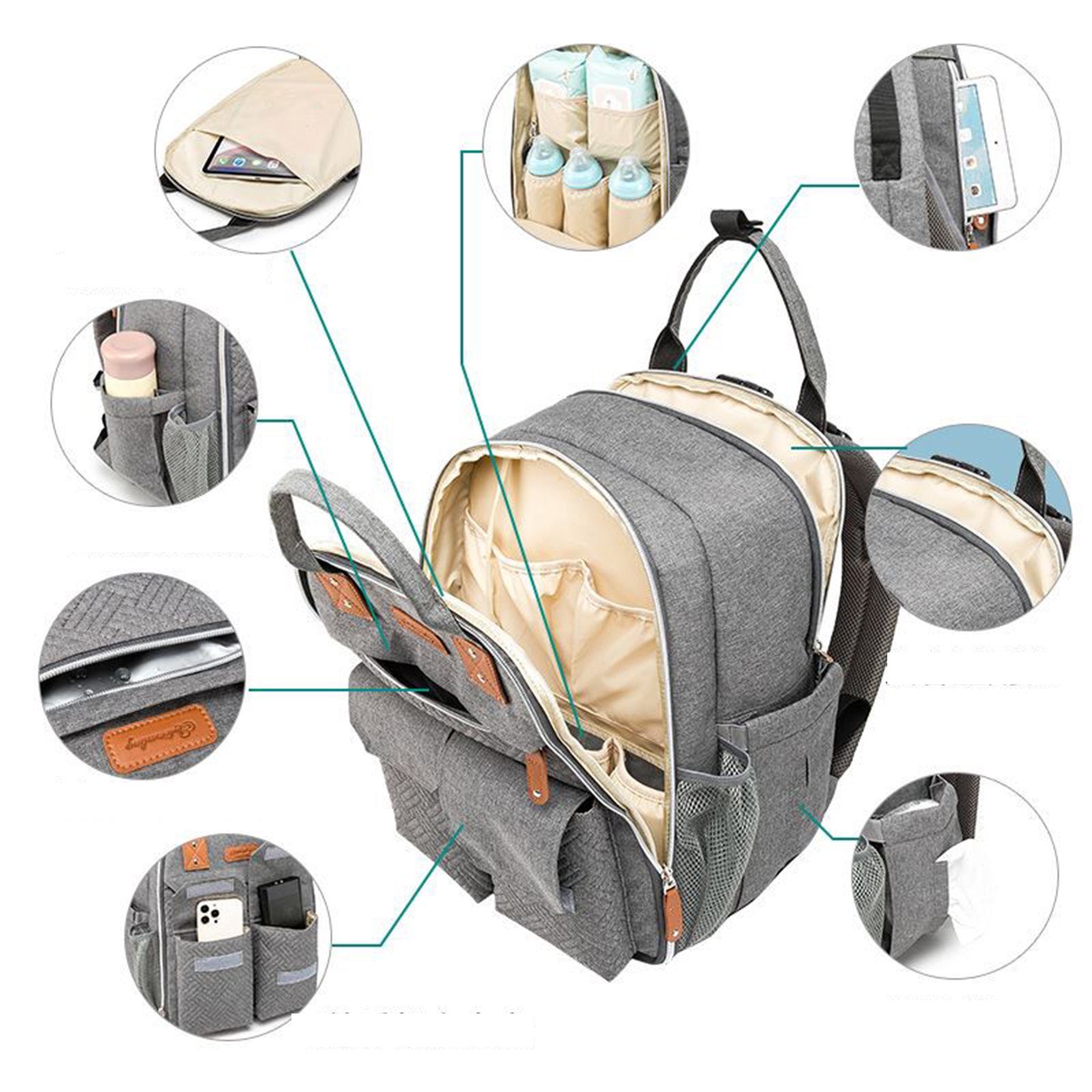 REDOM Wickelrucksack Wickeltasche Rucksack Baby tragbarer Wärmeisolierte Schnullerhalter Babyflasche Wickelrucksack), Kinderwagengurte (Windeln Babytasche, Multifunktional, Milchfläsche Wickelauflage Flaschenhalter, Rucksack Tasche Multifunktions-Babytaschen Grau mit Isoliertasche