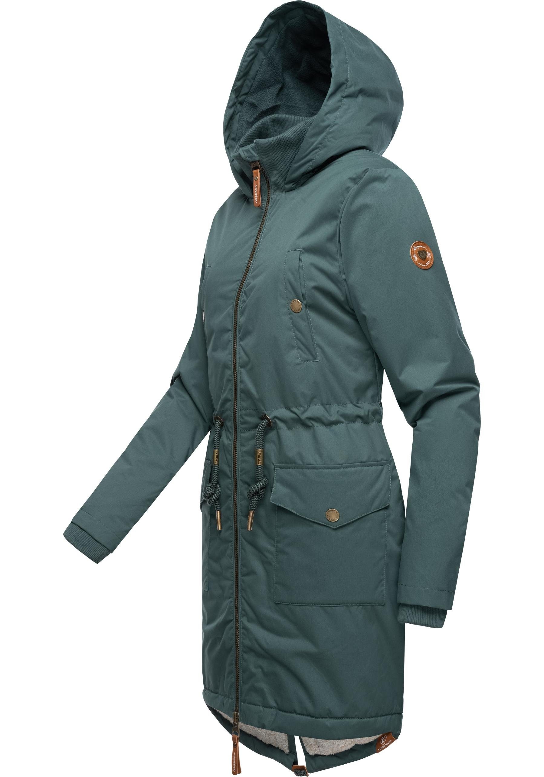 Teddyfleece mit und Kapuze Ragwear stylischer Winterparka dunkelgrün Crescend Wintermantel