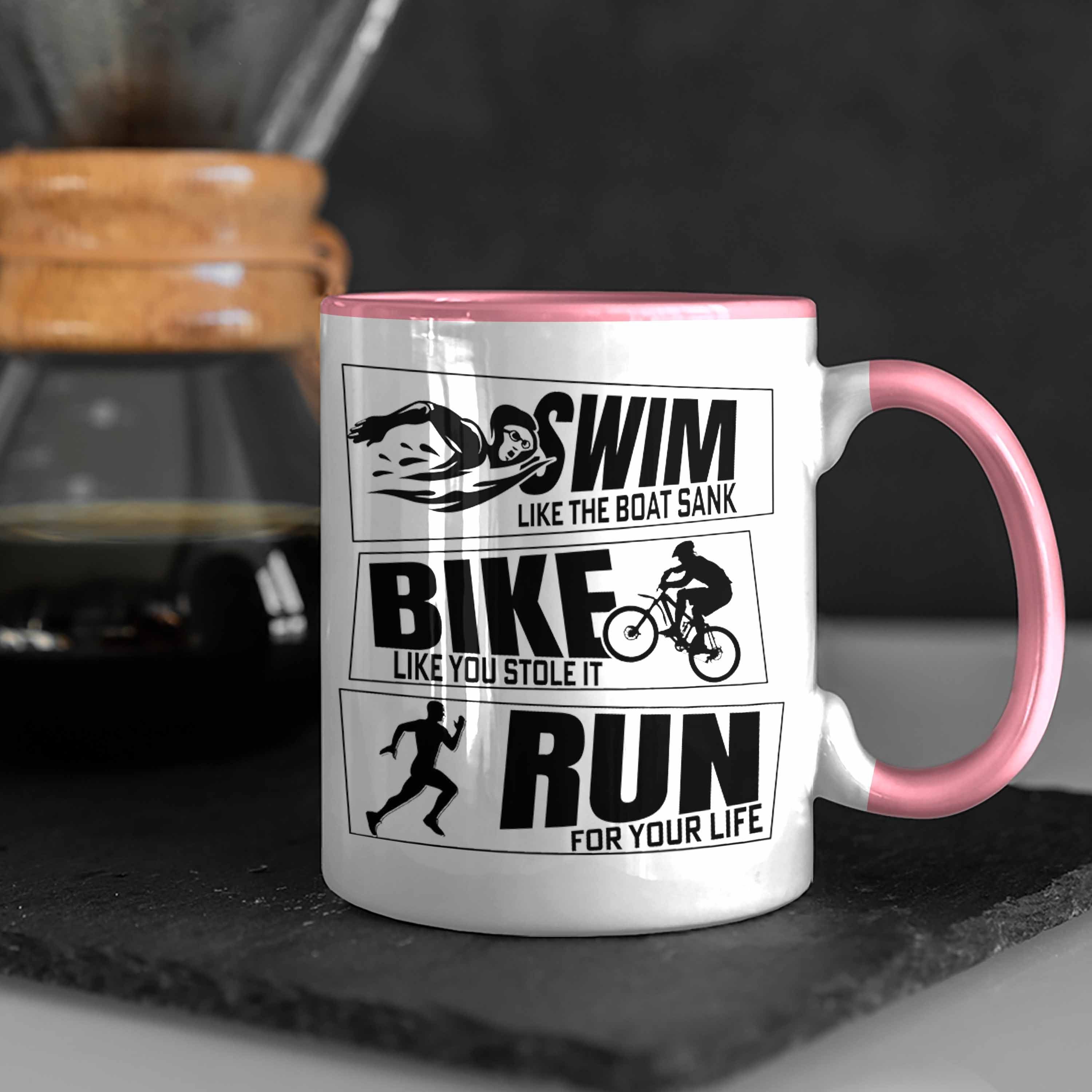 Tasse Trendation Triathlon Bike Geschenkidee für Sportl Geschenk Rosa Spruch Run Swim Tasse