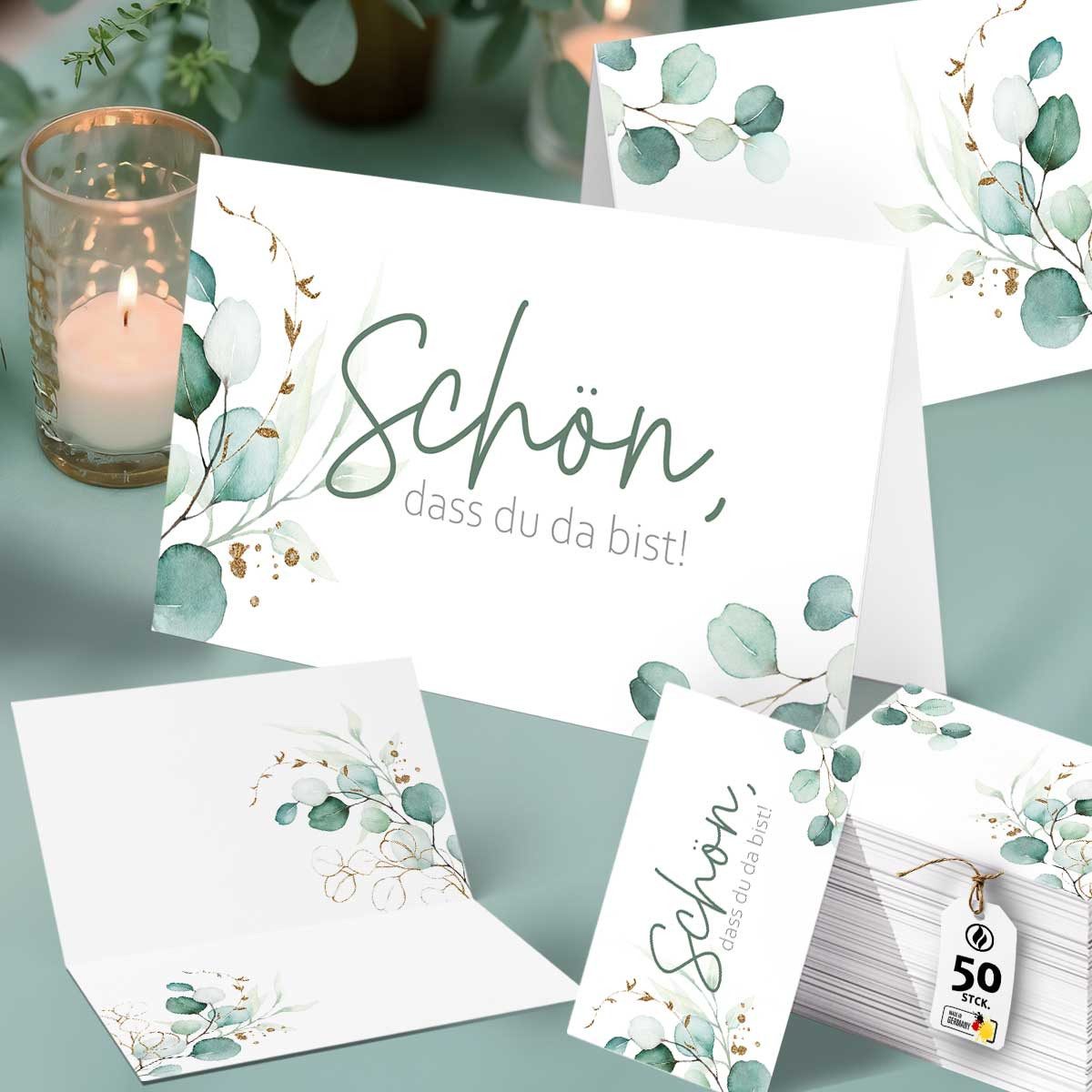 Funke & Brand Grußkarten 50x Schön, dass du da bist Tischkarten - Greenery Efeu Design