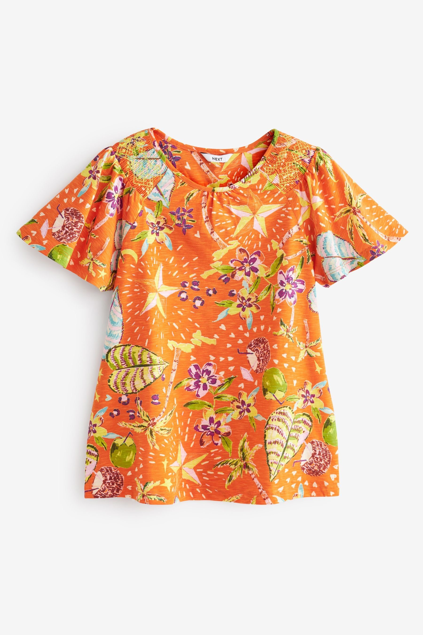 T-Shirt Gesmoktes Tropical Kurzarm-Top mit Next Ausschnitt rundem Orange (1-tlg)
