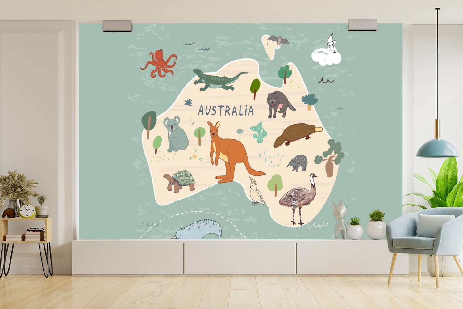 bedruckt, - (6 Weltkarte - Fototapete Australien Kinder, für St), Tiere - - Vinyl Wohnzimmer, Tapete - MuchoWow Kinder Schlafzimmer, Blau Kinderzimmer, Wallpaper Matt,
