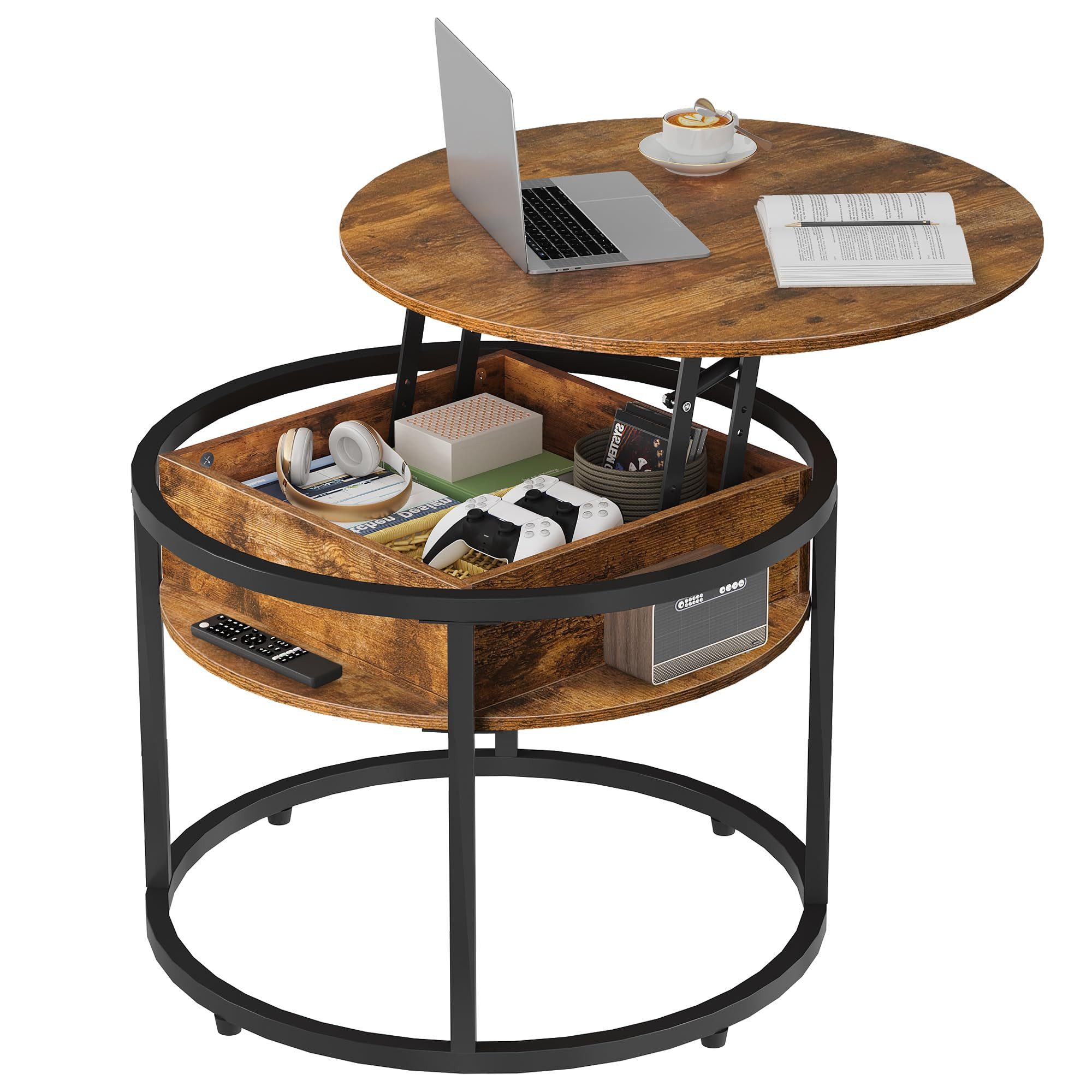 WLIVE Couchtisch Couchtisch Höhenverstellbarer Runder, 2-facher Stauraum & Ablage (Packung, 1 Tisch), Beistelltisch aus Holz & Metall, höhenverstellbar, 60 x 60 x 48-61 cm