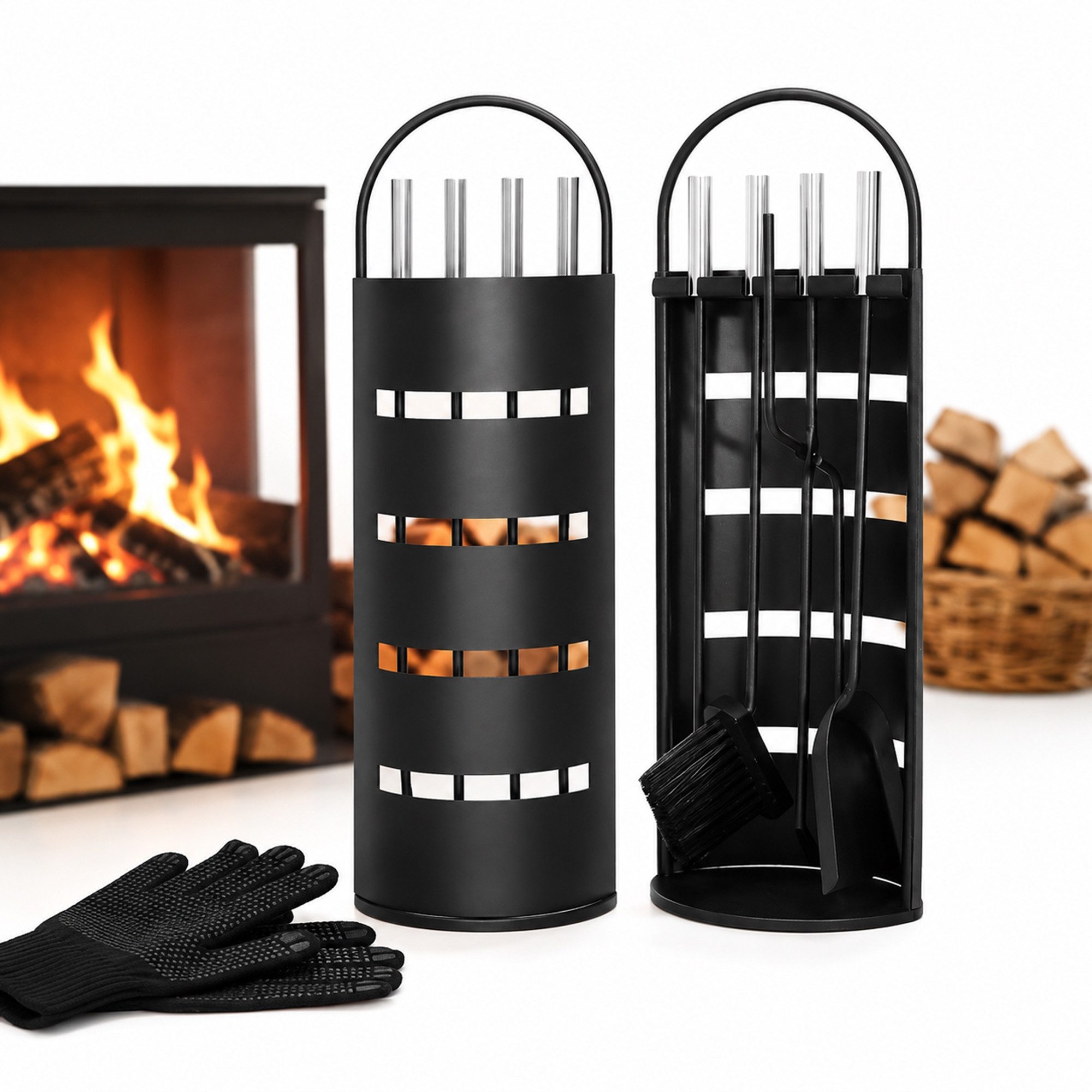 Mucola Kamingarnitur Kaminreinigungs Set 6-tlg. Kaminbesteck Kaminwerkzeuge Ständer, (Set, 6-teiliges), inkl. Ständer, Schürhaken, Ascheschaufel, Besen, Zange Handschuhe