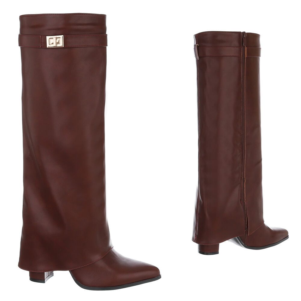 Ital-Design Elegante kniehohe Stiefelette mit Blockabsatz für Damen High-Heel-Stiefel (89852572) Blockabsatz Stiefel in Weinrot