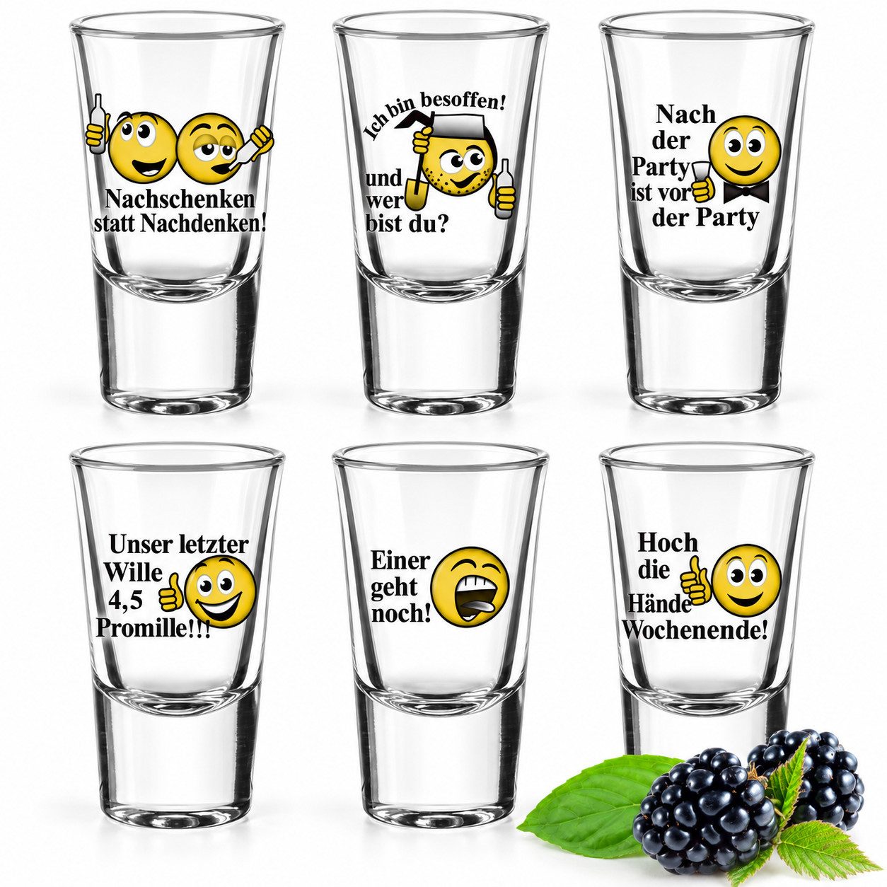 Sendez Schnapsglas 6 Schnapsgläser mit Sprüchen Schnaps Shots Stamper Wodkagläser, 6-tlg., Glas