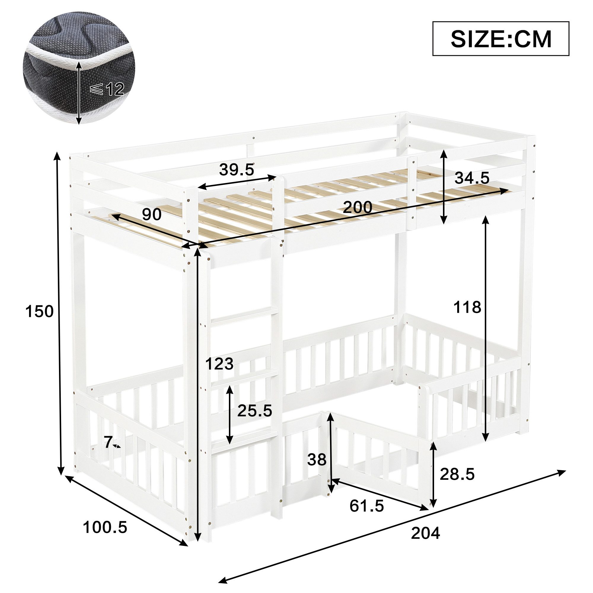 Flieks Etagenbett (mit rechtwinkliger Leiter, Zäune und Tür), Hochbett Kiefernholz Kinderbett mit oberem Lattenrost 90*200cm