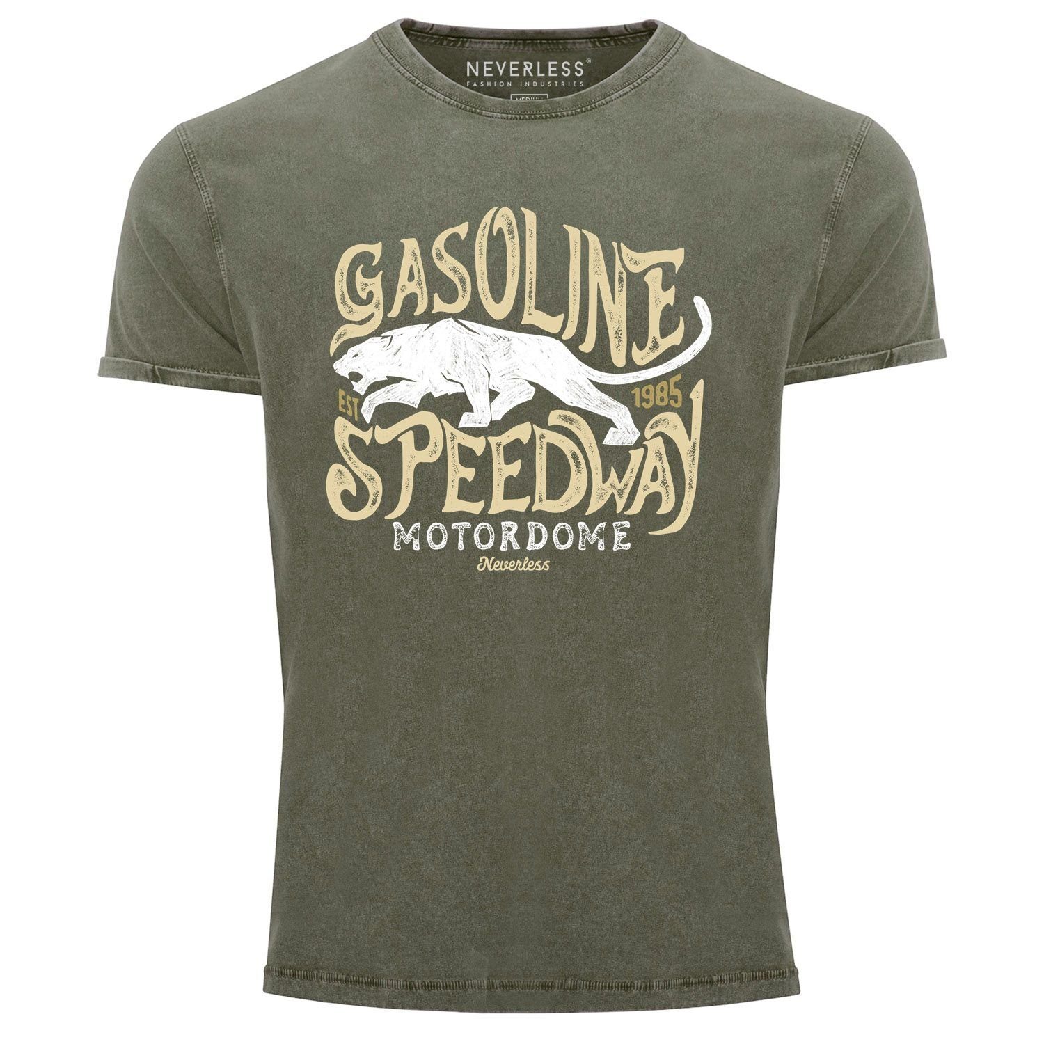 Neverless Print-Shirt Neverless® Herren T-Shirt Vintage Shirt Printshirt Gasoline Speedway Panther Motiv Used Look Slim Fit mit Print oliv