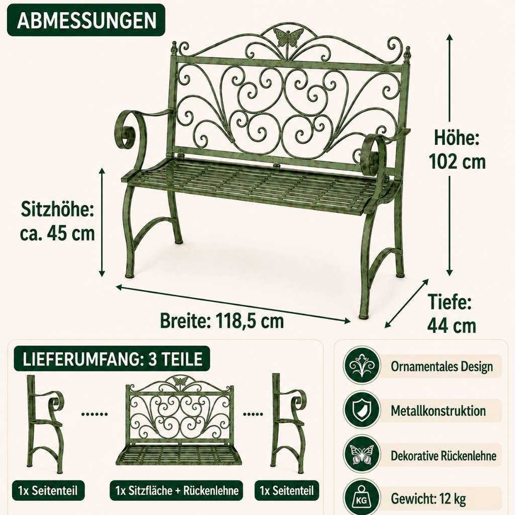 DanDiBo Gartenbank Wetterfest Patina Grün 120 cm 2 Sitzer Sitzbank 96021 Parkbank Eisen, Garten