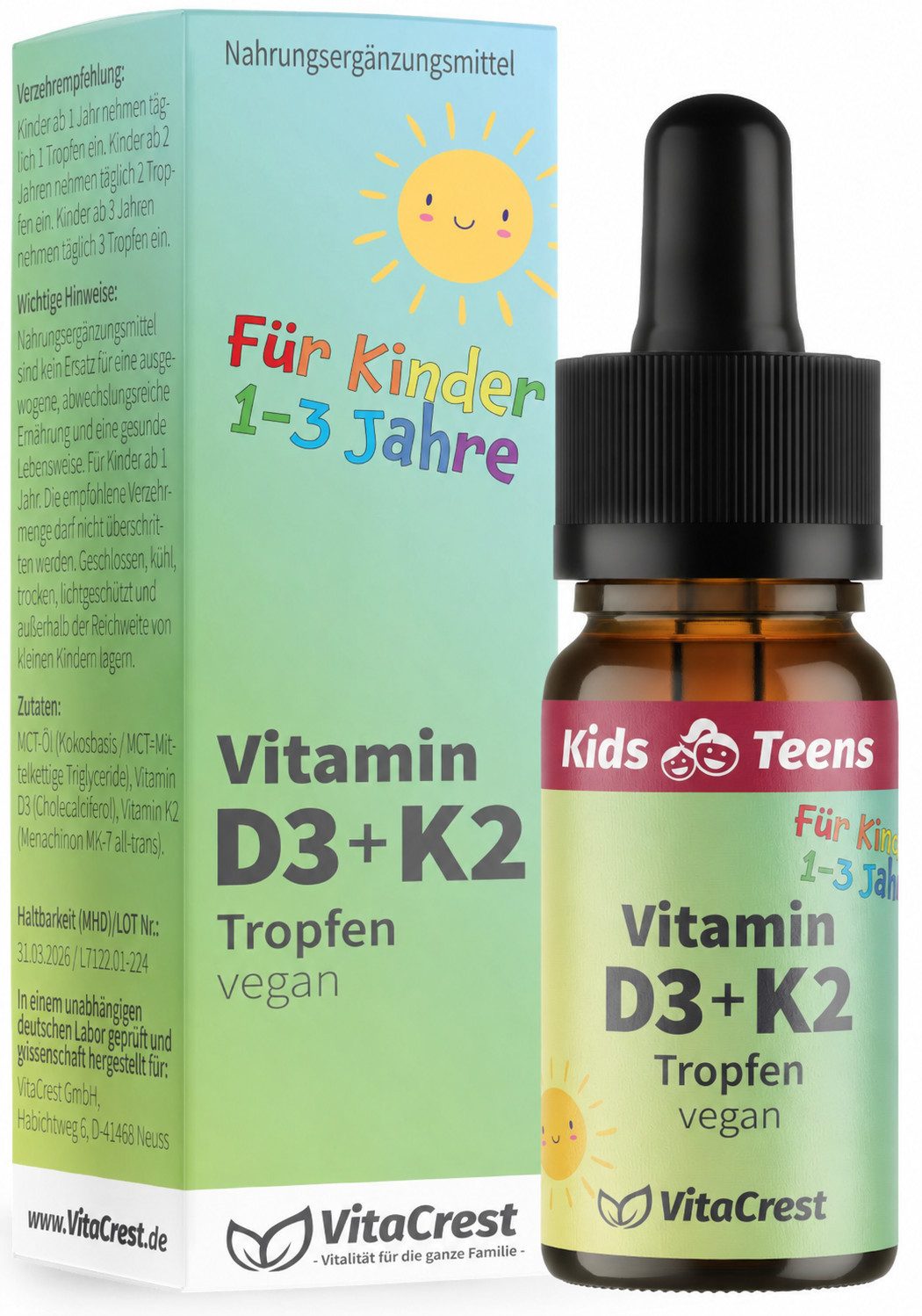 VitaCrest Vitamin D3 + K2 für Kinder ab 1 Jahr – geschmacksneutrale Tropfen, 10 ml, Laktosefrei, Glutenfrei