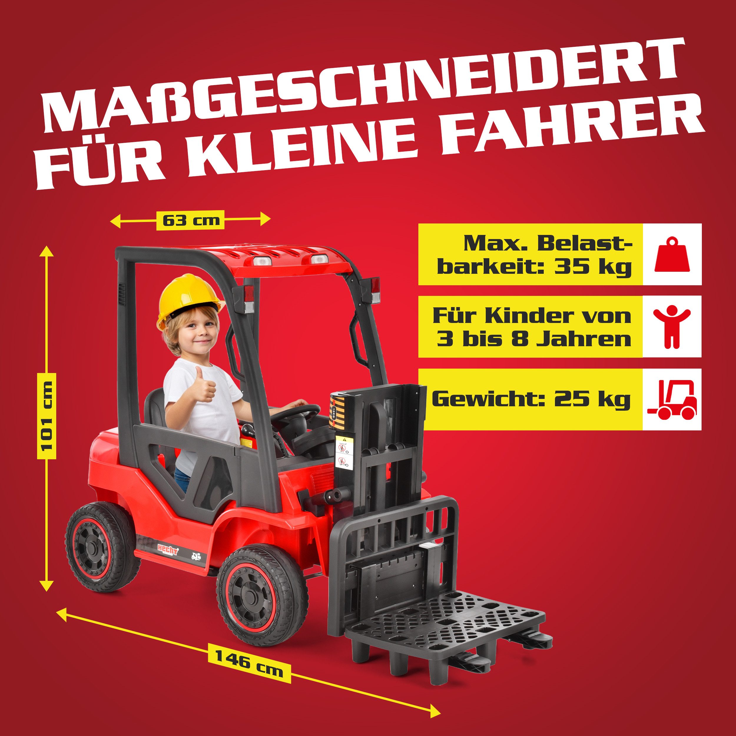Hecht Spielzeug-Gabelstapler 52108 mit Fernbedienung, 12V Akku bis 35 kg und 6 km/h, Hebt bis 10 kg, mit Radio, Mp3, Bluetooth