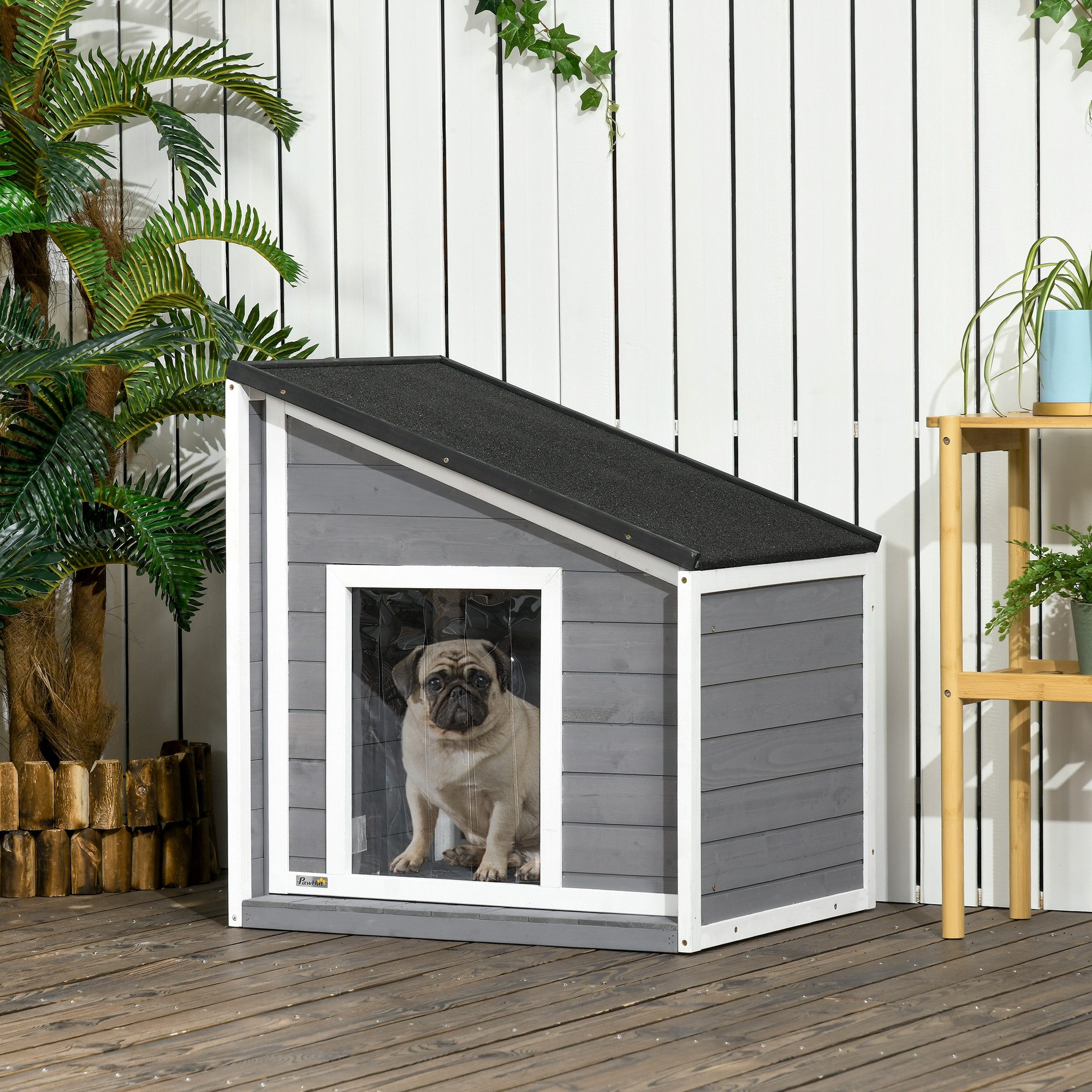 PawHut Hundehütte Outdoor Hundehaus mit Asphaltdach, Türvorhang, wetterbeständig, Schwarz+Grau+Weiß 71 x 58 x 53-77 cm