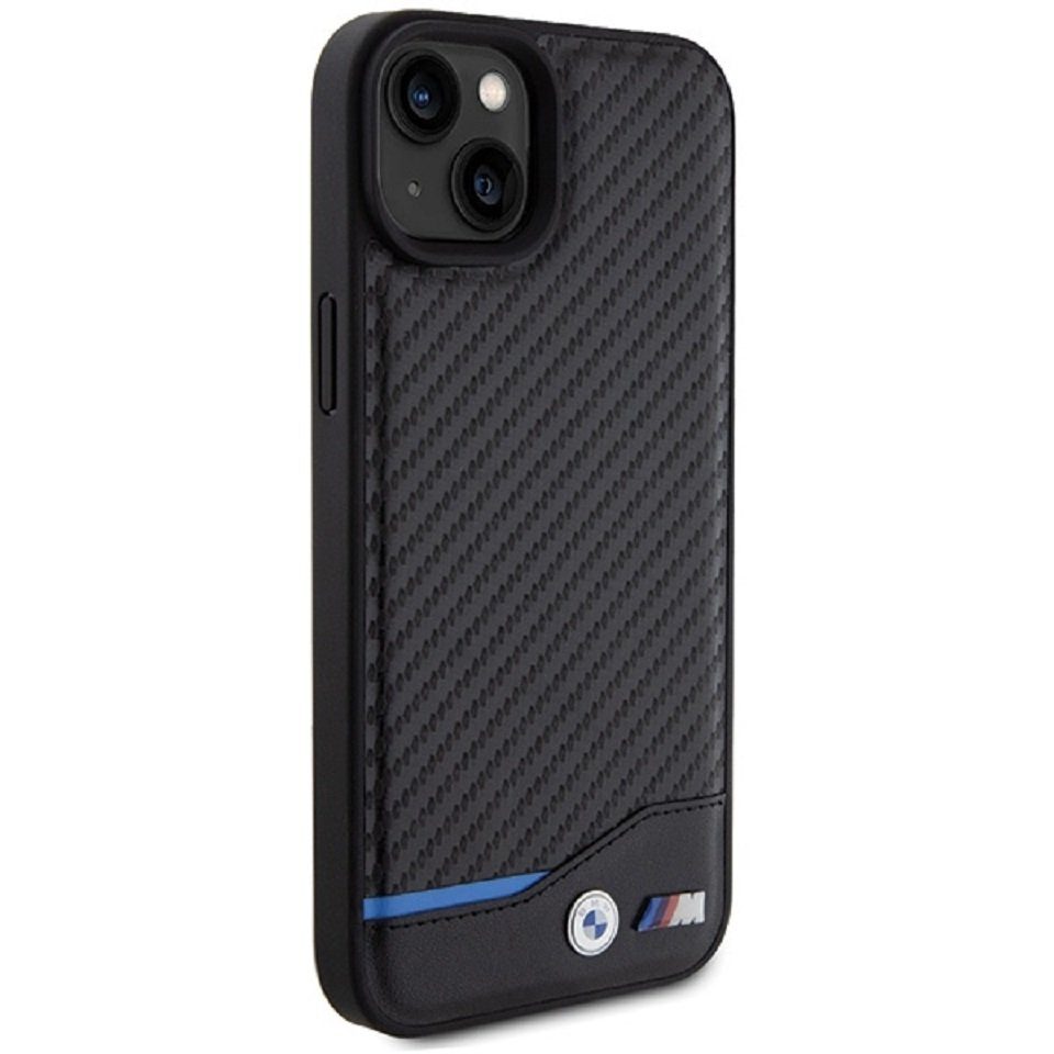 BMW Handyhülle Case iPhone 15 Plus Leder Tricolor schwarz Carbon 6,7 Zoll, Kantenschutz