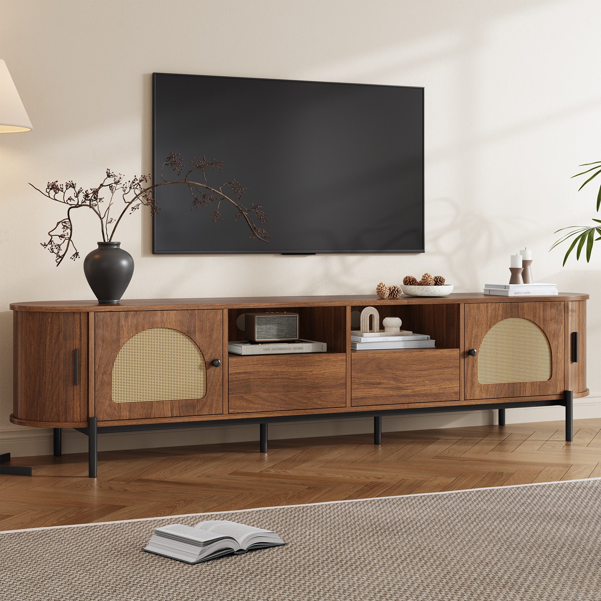 Merax Lowboard mit Rattan-Schiebetüren, Oval TV-Schrank in Holzoptik (1 St), TV Lowboard mit 2 Türen, 2 Schubladen & Stauraum, 200x40x49,5 cm