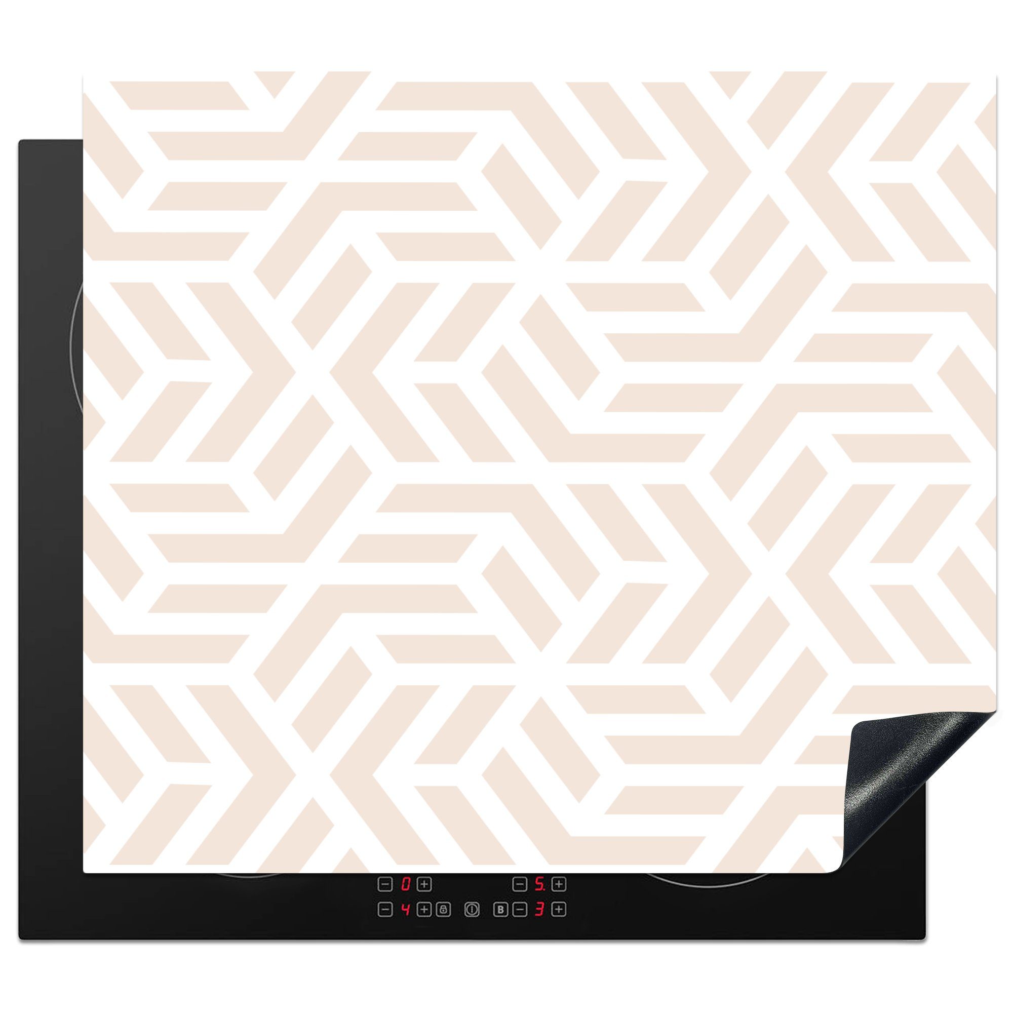MuchoWow Herdblende-/Abdeckplatte Beige - Geometrie - Muster - Abstrakt, Vinyl, (1 tlg), 59x51 cm, Induktionsschutz, Induktionskochfeld, Ceranfeldabdeckung